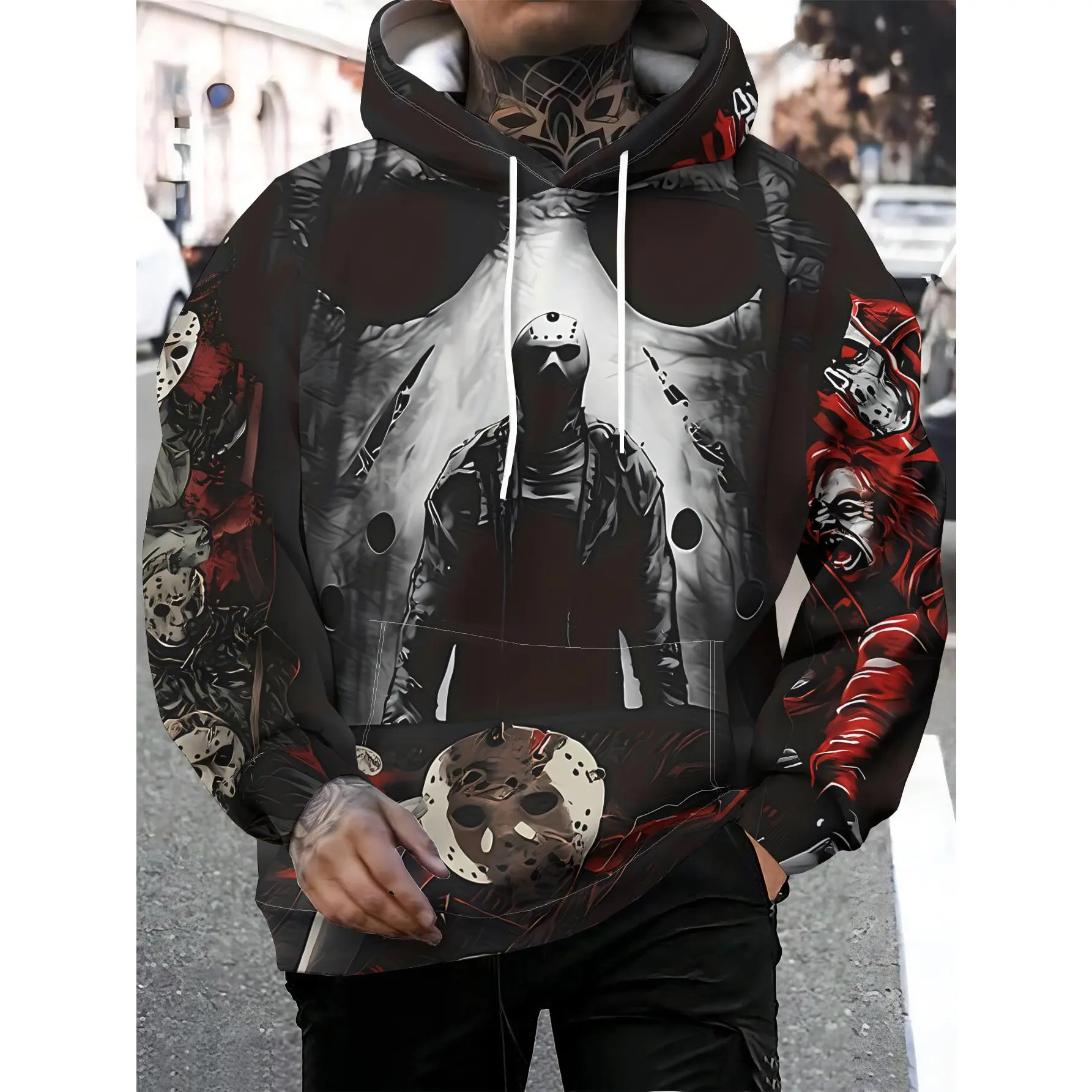 Halloween Horror Nights 3D Full Over Print Hoodie,Halloween Horror Pattern Hooded Sweatshirt Printed Long-Sleeve Pullover, Unisex  Hoodie, Suitable for Autumn And Winter Comfortable And Versatile Hooded Sweatshirt for Daily Wear