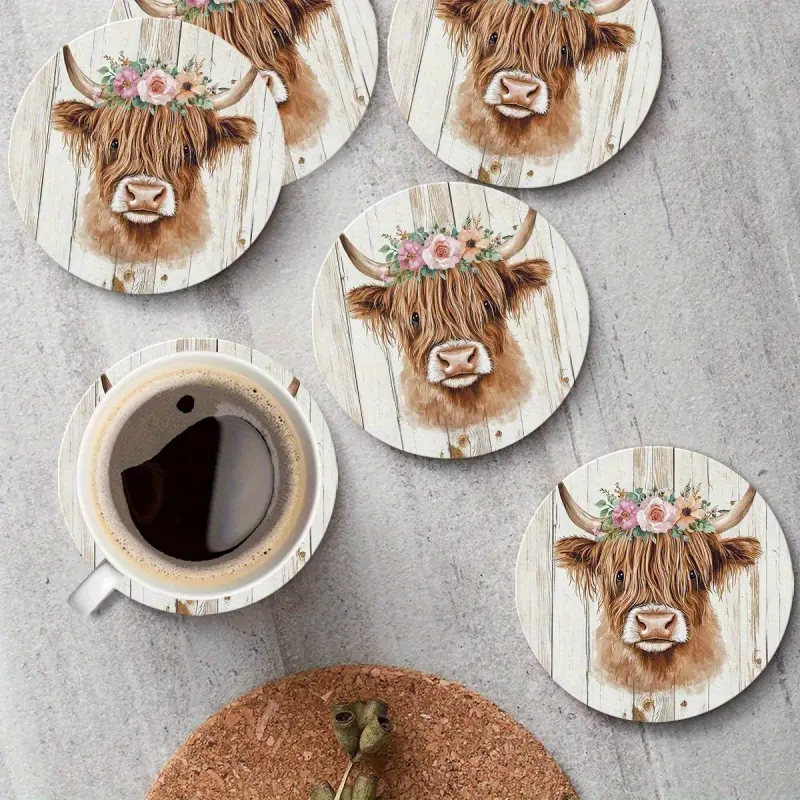 6 2D flat country-style highland cow wooden coasters with floral patterns. Ideal home, office or desk decoration. Suitable for cups and mugs