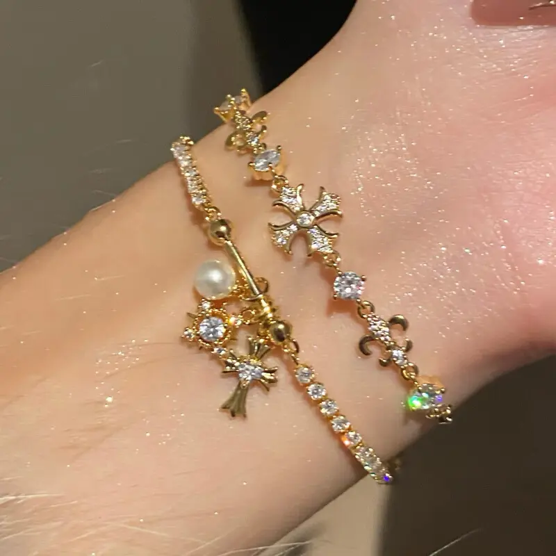 Women's Retro Look Double Layer Adjustable Stackable Charm Bracelet - Shiny Micro Pave Zircon Snowflake Cross Shape Charms, Elegant Faux Pearl, Plastic Base, Ideal Valentine Gift Wedding Birthday Jewelry