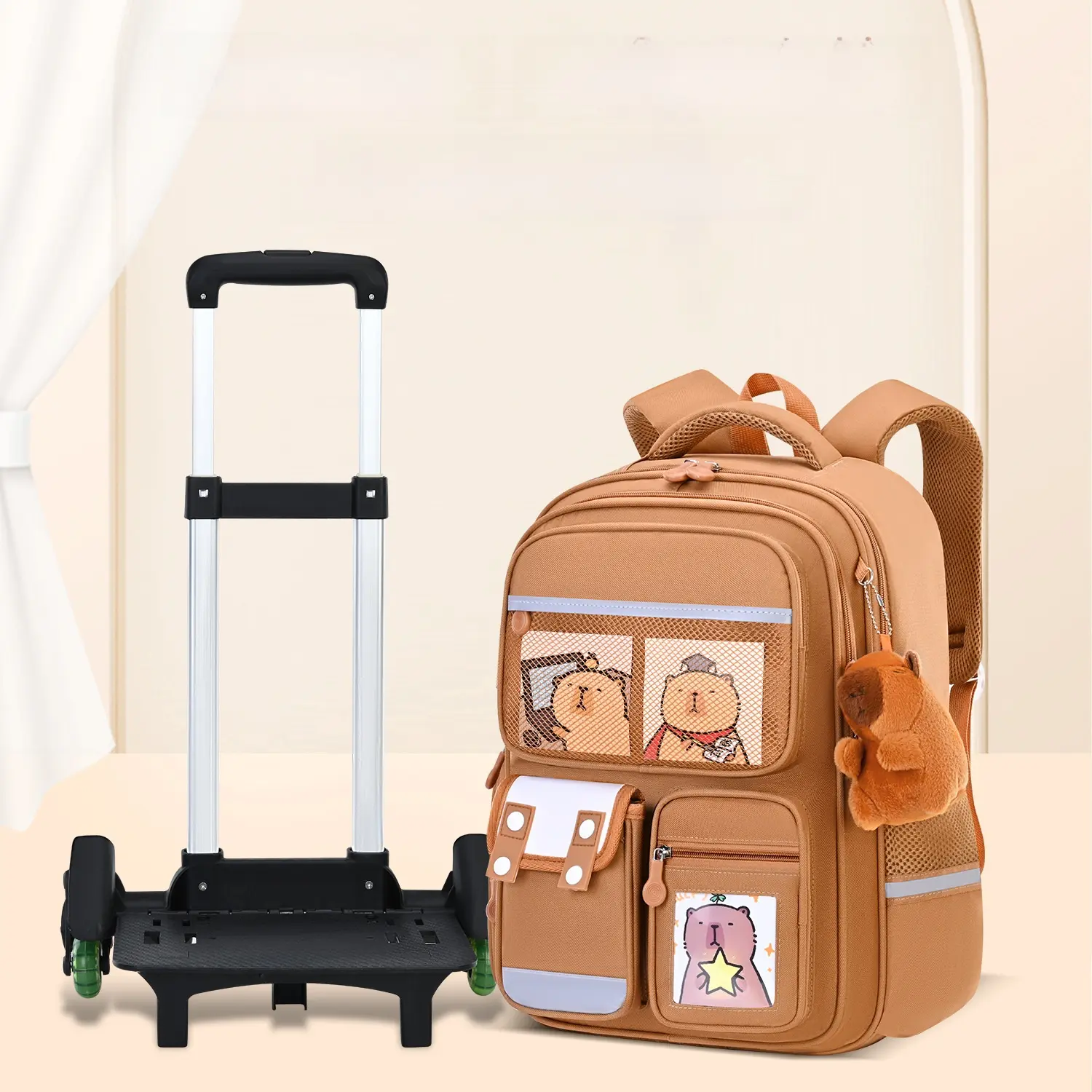 Kids' Cute Capybara Animal Print 2-Wheel Waterproof Oxford Cloth Lightweight Hazard-Free Luggage-Trolley Backpack, Large-Capacity for Grades 3-6 & 5-6, Back to School Haul for School Use