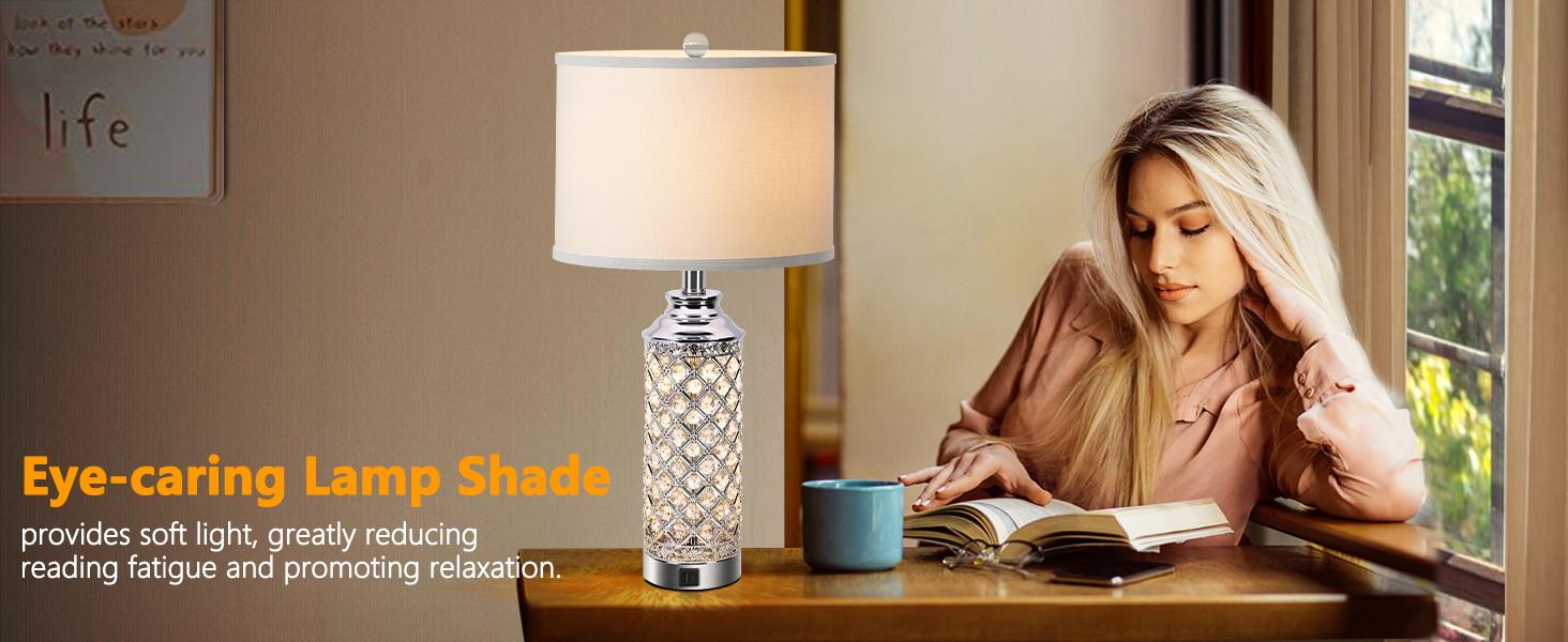 Table Lamps Set of 2 with LED Night Light, Nightstand Lamps with USB A+C Charging Ports, 24 inch Silver Crystal Bedside Lamps for Livingroom, Office, Study Room, Guest Room