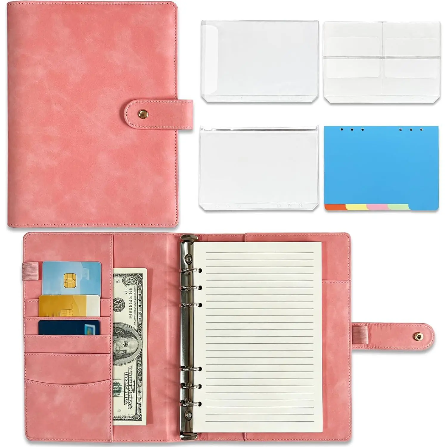 A5 6 Ring PU Leather Binder Notebook Refillable Planner Organizer, Budget Binder with Pockets Dividers Refill Paper for Office School Travel Diary ()