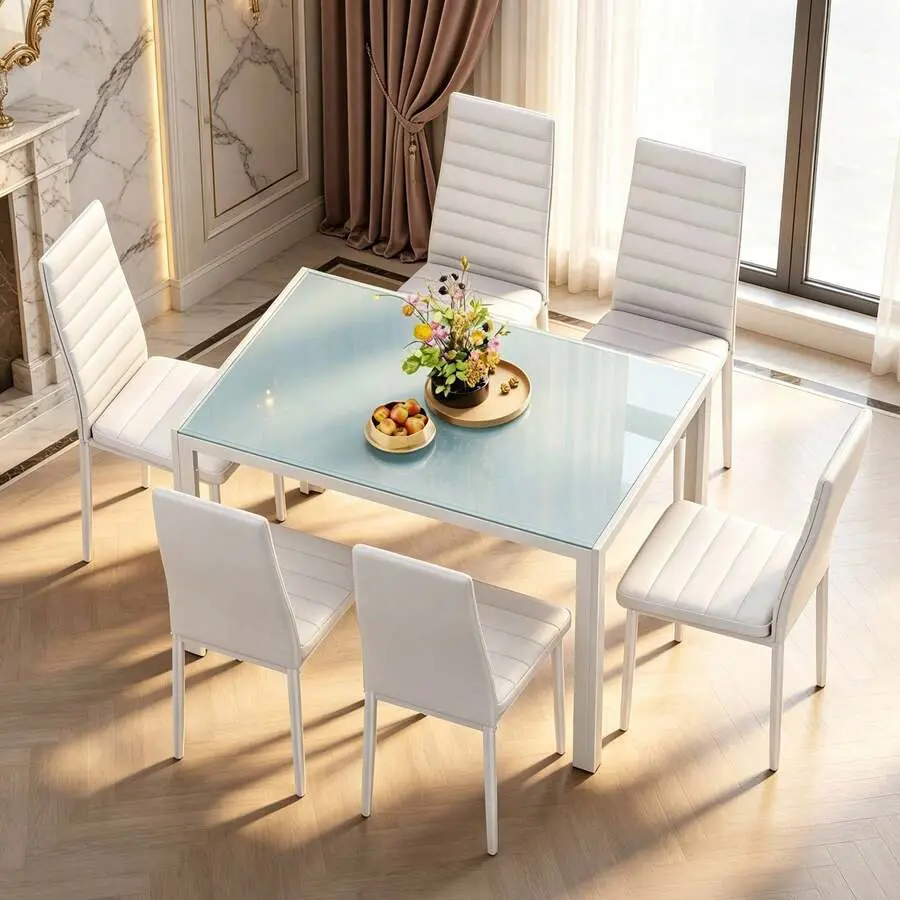 Glass Top Dining Set (4-Chair or 6-Chair Options) with High-Back PU Leather Seating for Indoor Use, Dining Table Set, Furniture Sets Table