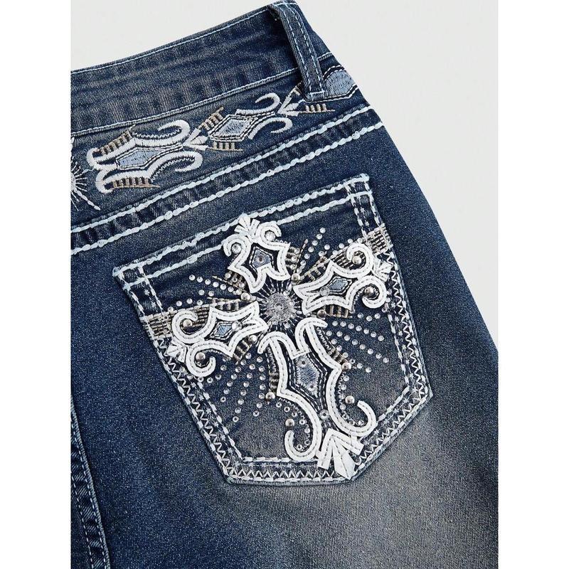 Women's Jeans - Grunge Punk Vintage, Cross Wings Embroidery, Drop Waist w/Buttons/Zipper, Slim Flared Curvy Fit - Spring/Fall Casual Daily Wear for Ladies(gift)