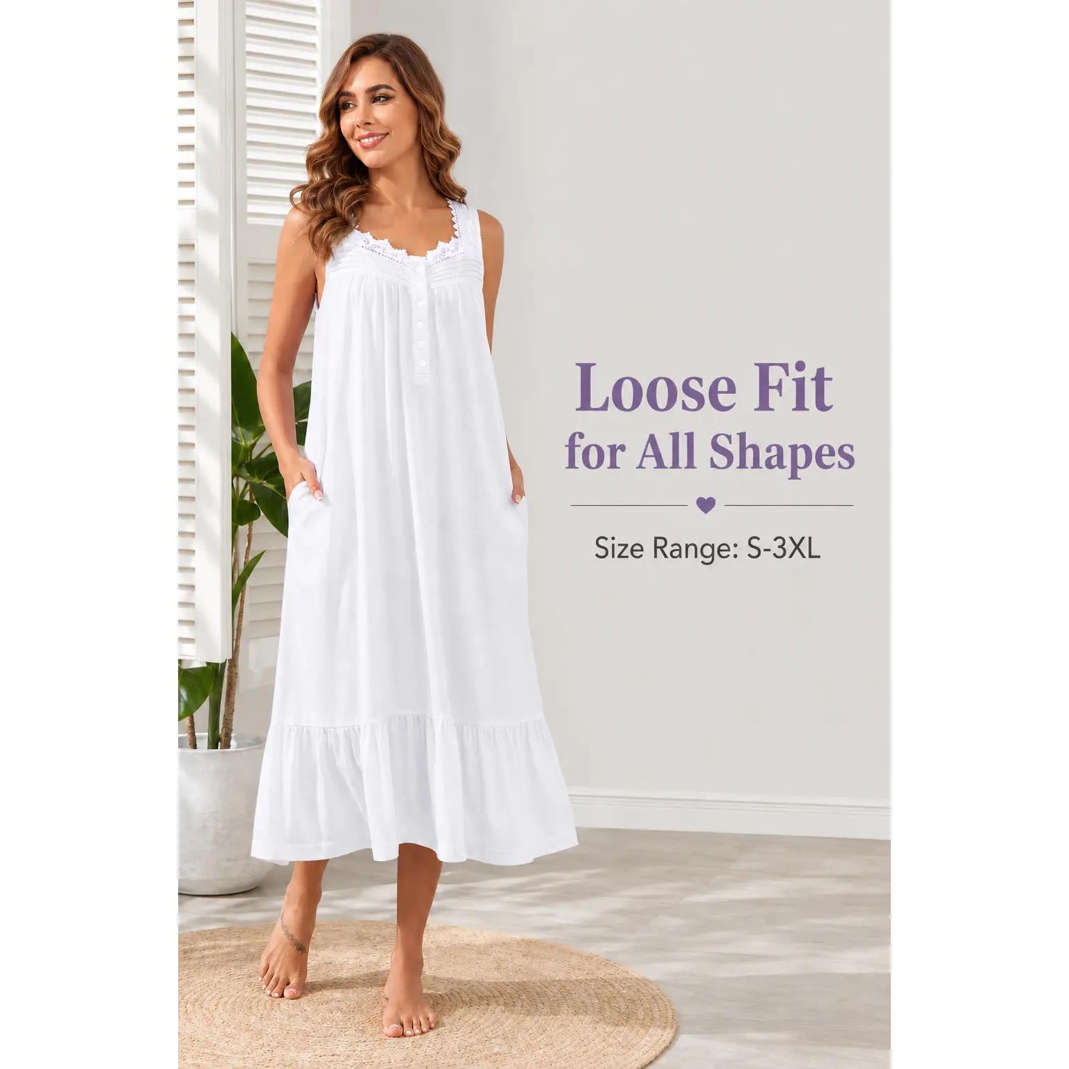 Women's Long Cotton Sleeveless Nightgown with Pockets - Soft Plus Size (3XL) Sleep Dress, Bridal Maternity Everyday Lounge Wear, Fabric with Bow Lace Contrast Mesh, V-Neck Stylish Floral Cami Gift, Button, Elegant, Lightweight, Feminine, Print, Pleated, R