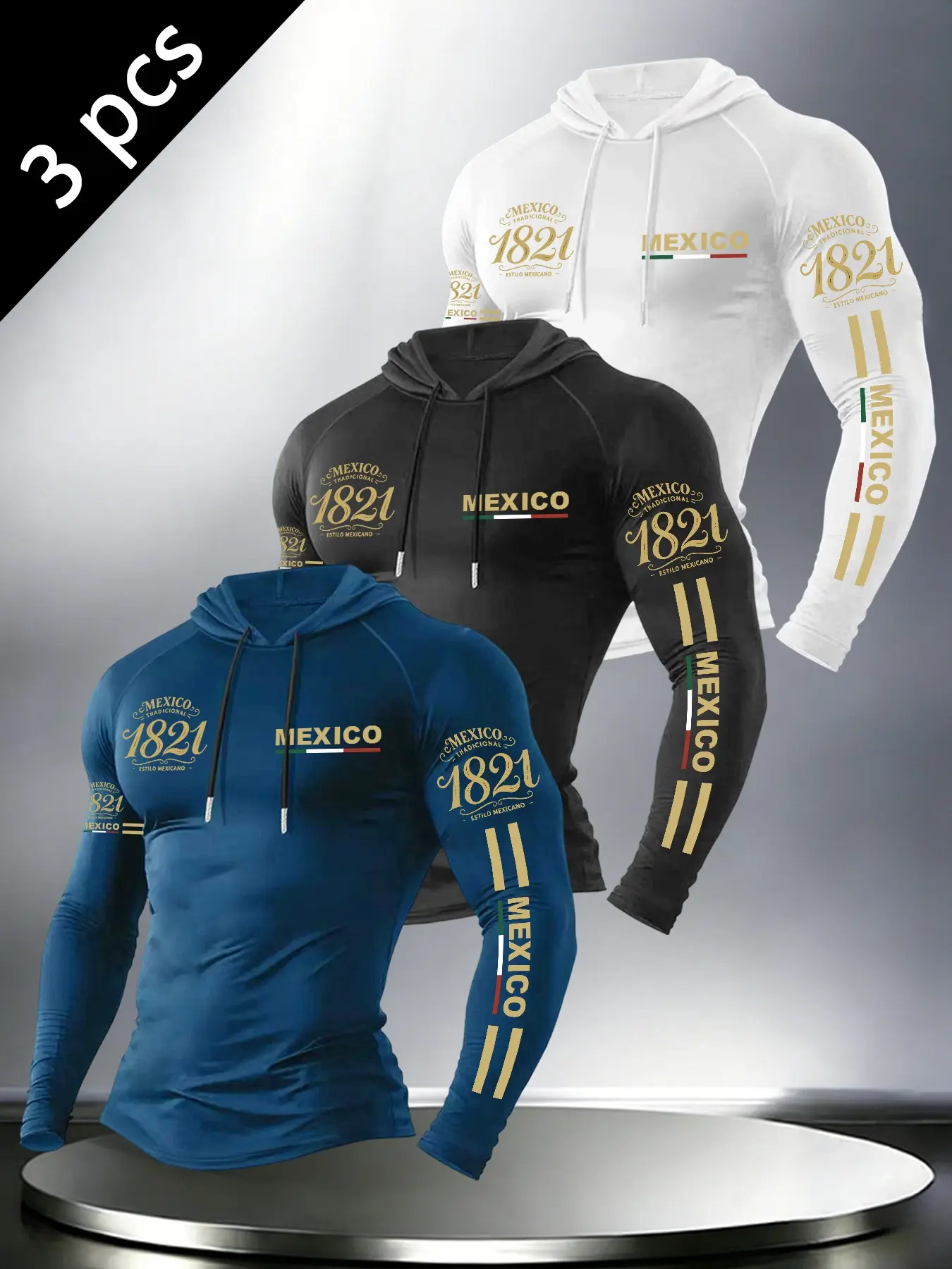 Men's Long Sleeve Hooded Athletic Tops, Mexico 1821 Letter Print Quick‑Dry Sport Shirts, Drawstring Hooded Tees for Fitness Training, Running and Daily Casual Outfits#MexicoStyle #AthleticHoodie #FitnessWear #MensActivewear