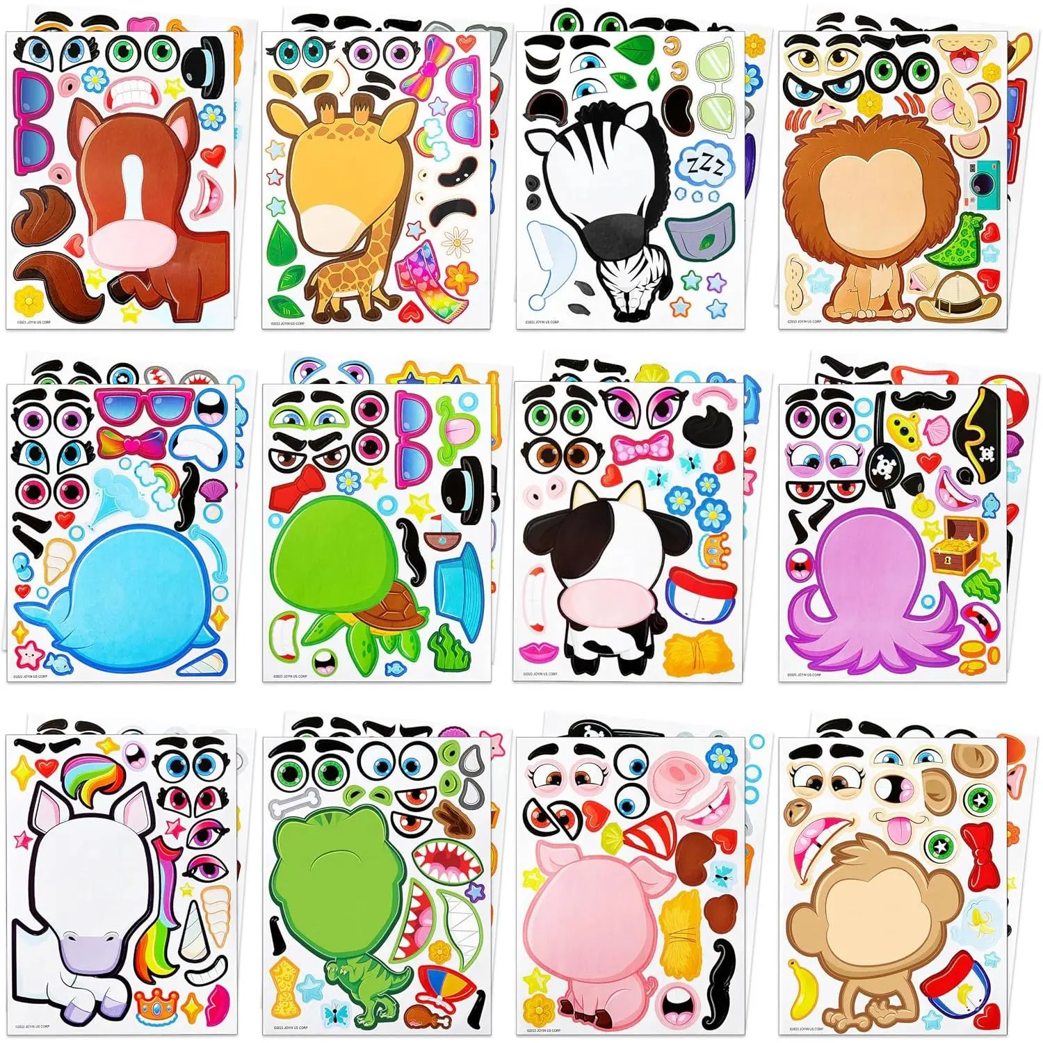 24 Sheets 9x6 Inch Make a Face Stickers for Kids - Fun DIY Craft Stickers Set with Unicorn, Dinosaur, Sea & Safari Animals - Party Favors, Goodie Bag Stuffers, Classroom Activities