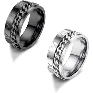 2 Pcs 8MM Men's Stainless Steel Spinner Chain Ring Roman Numerals Ring Vintage Punk Style Biker Gothic Ring Wedding Engagement Band Ring Size 10