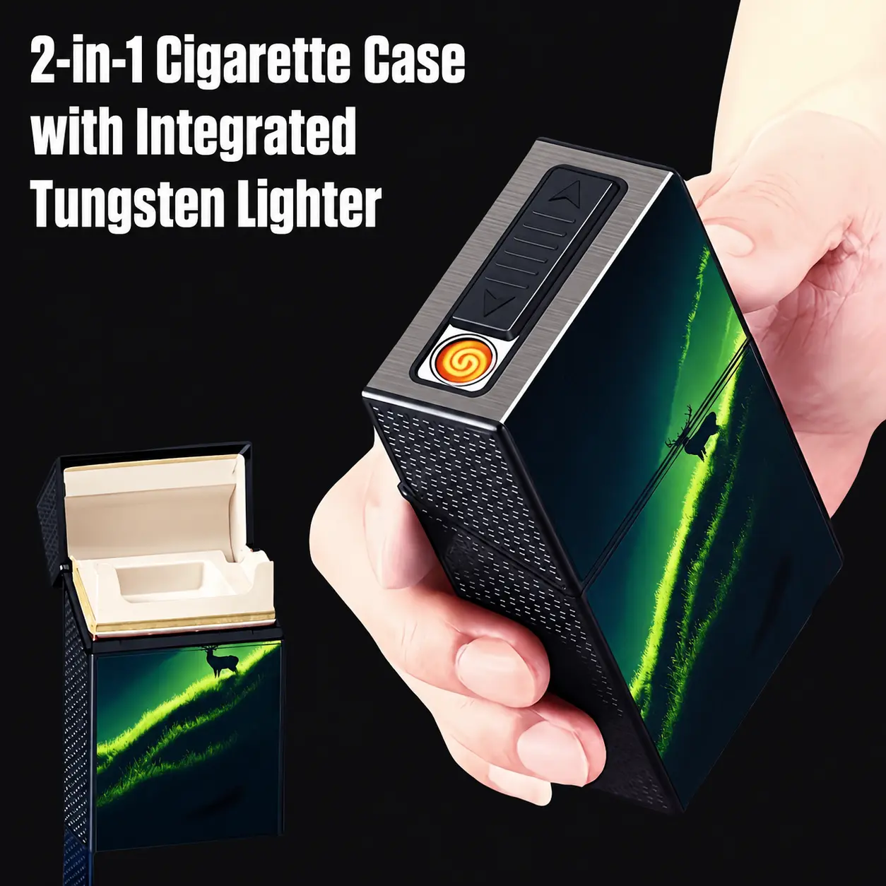 2-in-1 USB-C Rechargeable 20-Slot Storage Case with Built-In Electronic Lighter, Aurora Deer and Natural Scenery Design, Windproof, Pressure-Resistant, Thickened and Durable, Father’s Day Gift for Men Aluminum Alloy