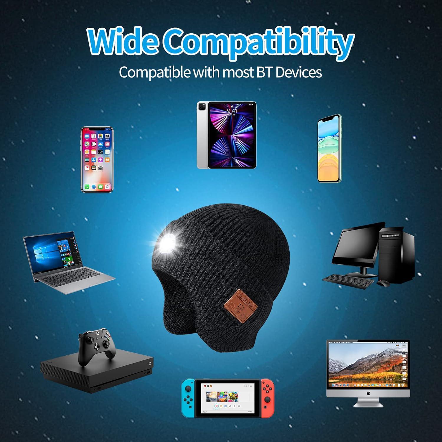 Bluetooth Beanie with Light, Unisex USB Rechargeable  Headlamp Cap with Headphones and Built-in Speaker Mic,Unique Christmas Birthday Gifts for Men Husband Teen warm beany Knit Balaclava Outdoor