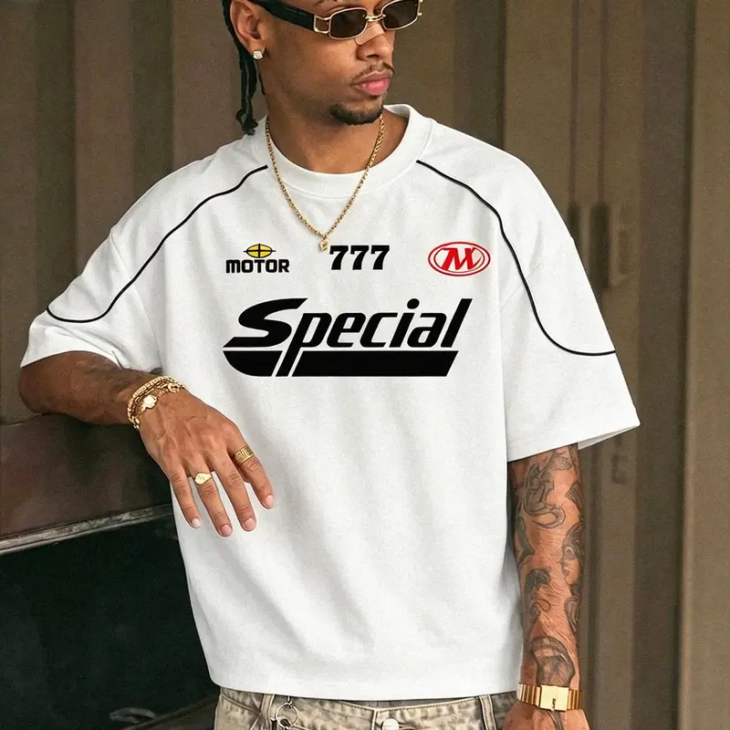 Men's Round Neck T-Shirt, Loose Casual Color-Blocked Stripe Design, Classic Black and White, Racing-Style Graphic, Basic Streetwear T-Shirt, Casual Streetwear Essential, High-Stretch Quick-Dry Polyester Fabric