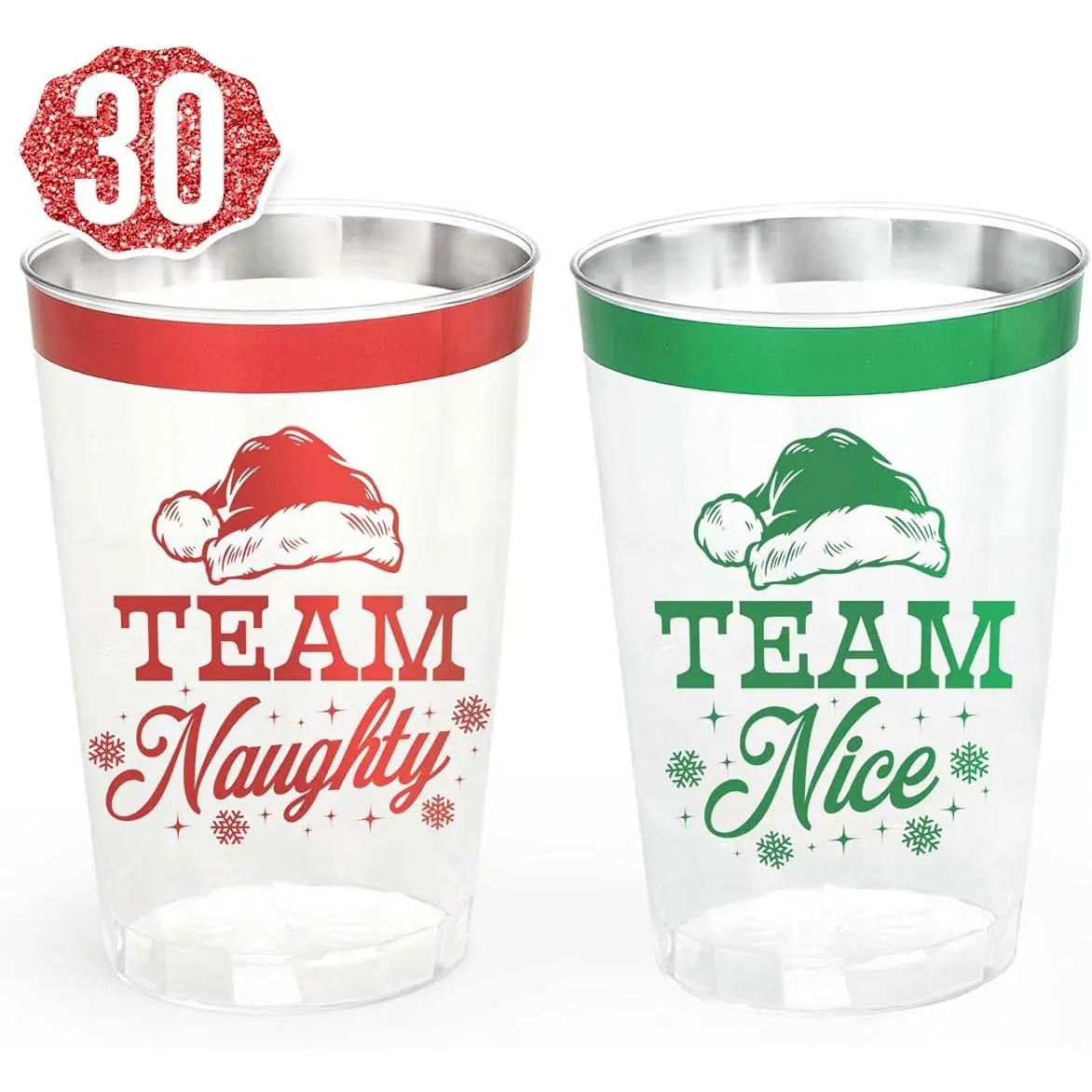 Christmas Decorations Cups - 30 count, 12 oz | Team Naughty or Nice, Christmas Eve Disposable Drinkwear, Clear Plastic  Tumbler with Foil
