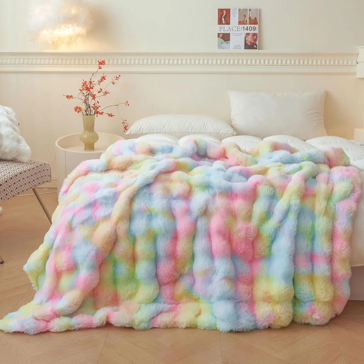 Rainbow Hues Faux Rabbit Fur Bubble Throw Blanket - Plush Shaggy Look, Cozy Comfy 60x80 Furry Cover for Adults, Ideal for Couch Sofa Bedroom, Plush Fur