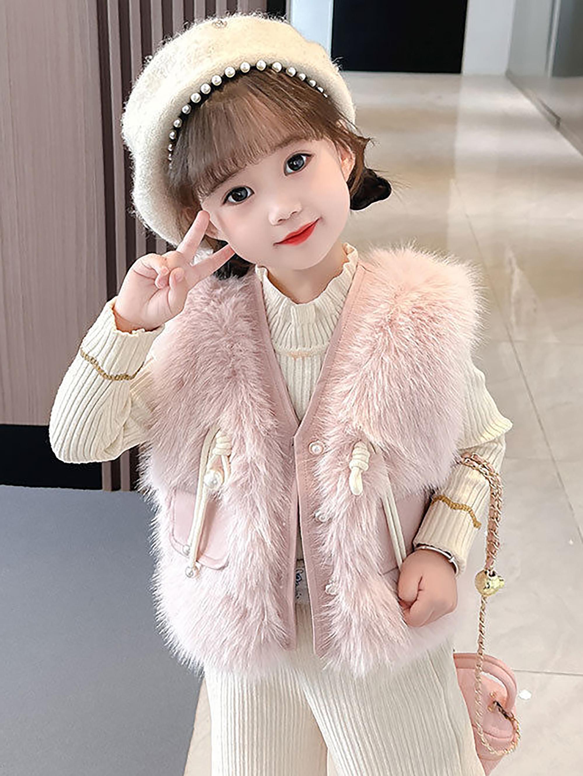 Girls' Thickened Winter Vest Jacket - Soft Pink Plush & Zipper Closure, Cozy Polyester Sleeveless Coat with Ruffled Collar & Waist Tie, Casual Elegant Outerwear for & Little Girls (Spring/Autumn) - Easy-Care Durable Design