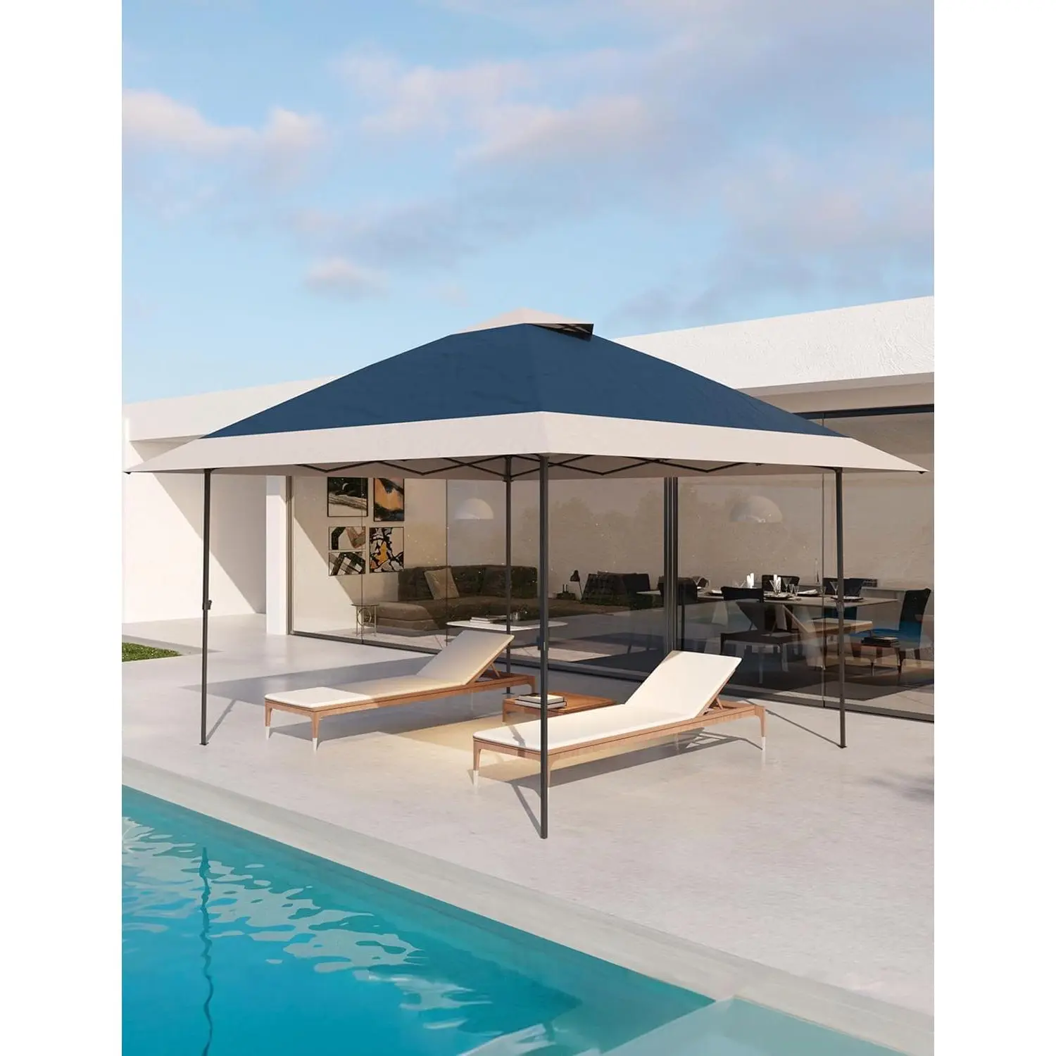 13x13 ft Pop-Up Eave Canopy, One-Pull Setup, No Sidewalls, Waterproof 210D Oxford, Available in Dark Green, Navy Blue, and Dark Grey with Grey Trim