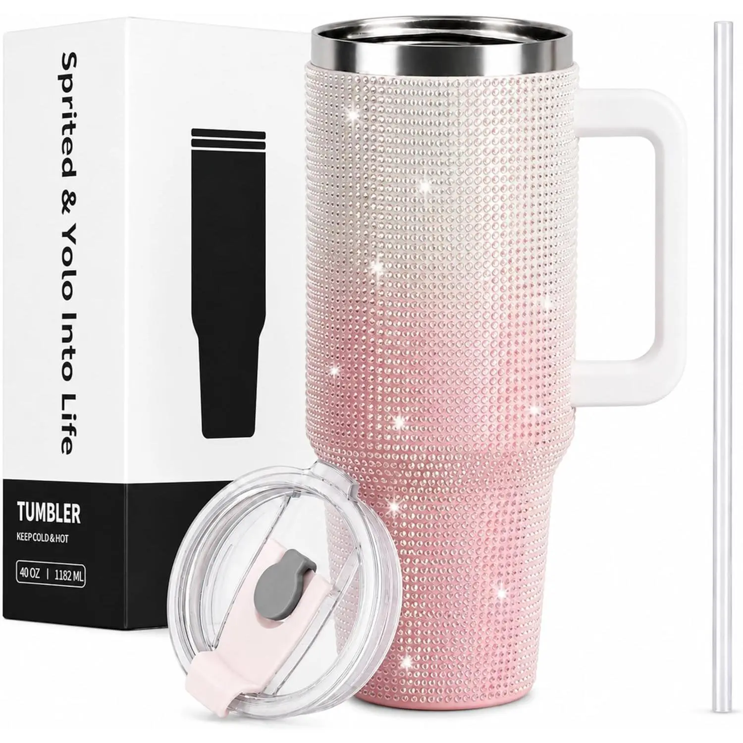 WATERSY 40oz Rhinestone Bling Tumbler, Stainless Steel Insulated Travel Mug with Lid and Straw, Sparkling Crystal Glitter Water Bottle, Personalized Cup Gift for Women Girls (White & Pink)