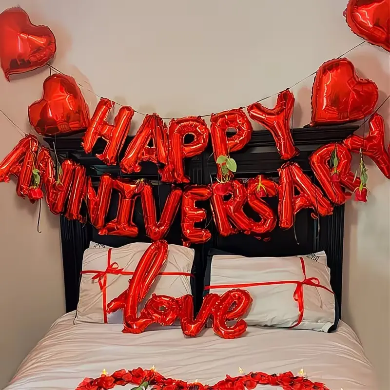 Valentine'S Day Balloon Set, Anniversary Letter Balloons, Red LOVE Heart Balloons, Red Heart-Shaped Foil Balloons, Very Suitable for Valentine'S Day, Birthday Parties, Anniversaries And Wedding Party Decorations