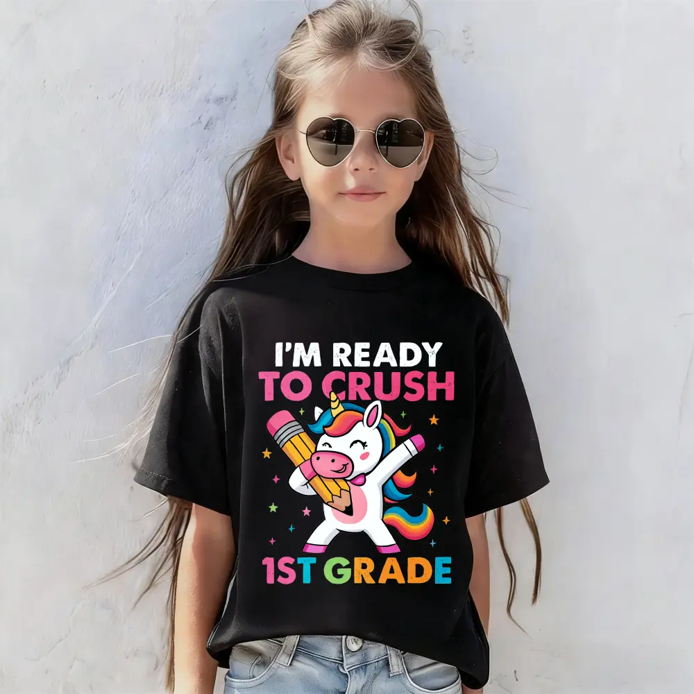 Girls' Loose-Fitting Unicorn Print Short-Sleeve Round-Neck Tee - Eco-Friendly Cold-Wash Soft Casual Top, Back to School 1st Grade Outfit, Sizes 140(M)/150(L), Do Not Dry Clean
