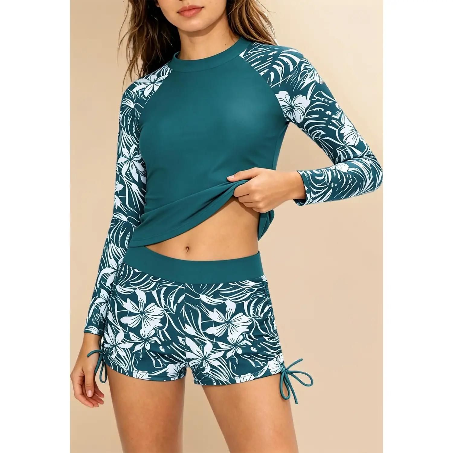 Girls' 2-Piece Rashguard Swimmingoutfit - Long Sleeve Printed Sun Protection Swimwear for 6-14 Year Old Kids