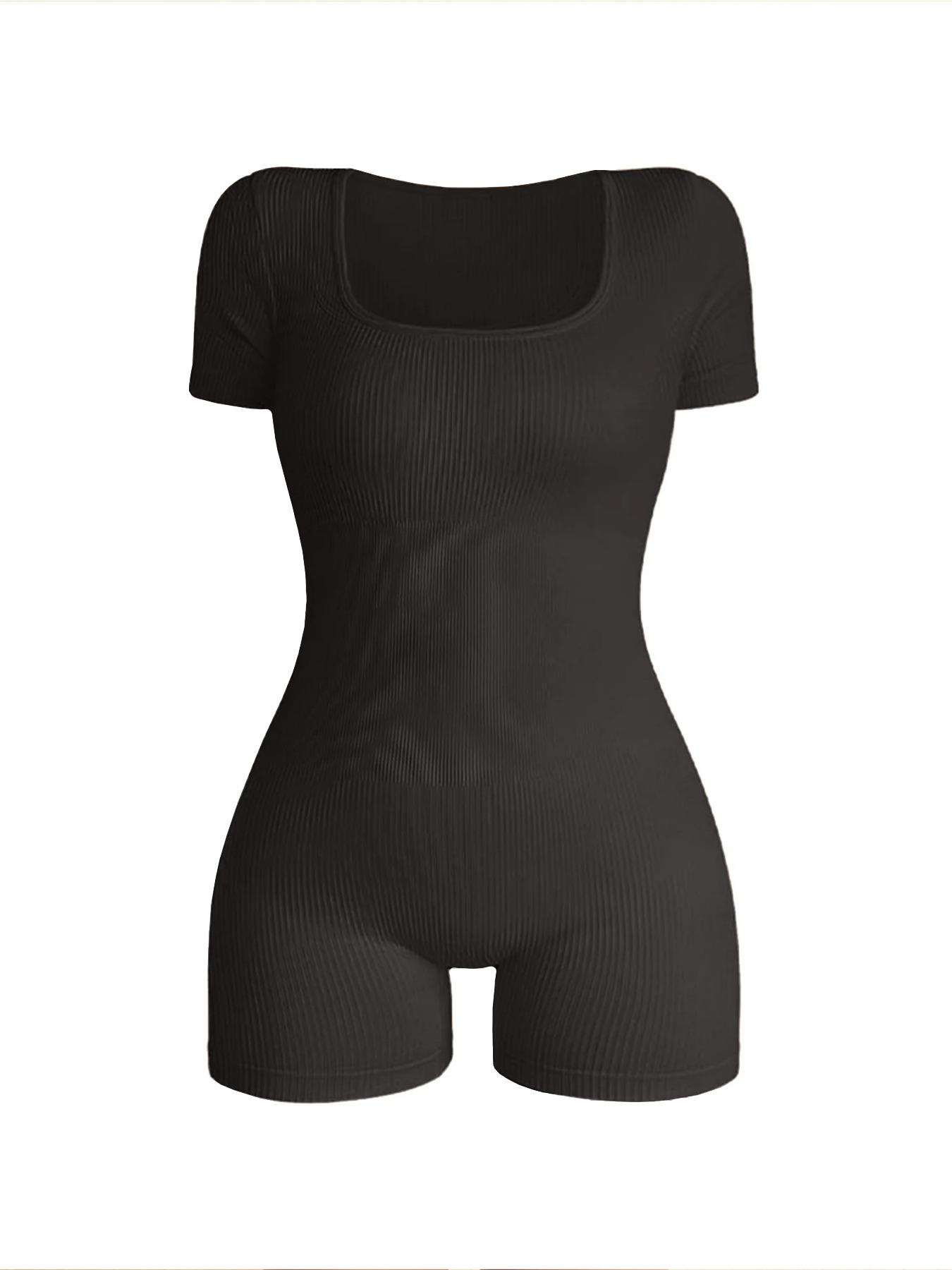 Women's Solid Short Sleeve Sports Bodysuit, Casual Sporty Square Neck Bodycon Bodysuit for Yoga Gym Workout, Summer Outfits 2024, Ladies Sportswear for All Seasons
