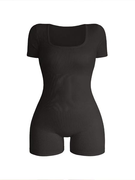 Women's Solid Short Sleeve Sports Bodysuit, Casual Sporty Square Neck Bodycon Bodysuit for Yoga Gym Workout, Summer Outfits 2024, Ladies Sportswear for All Seasons