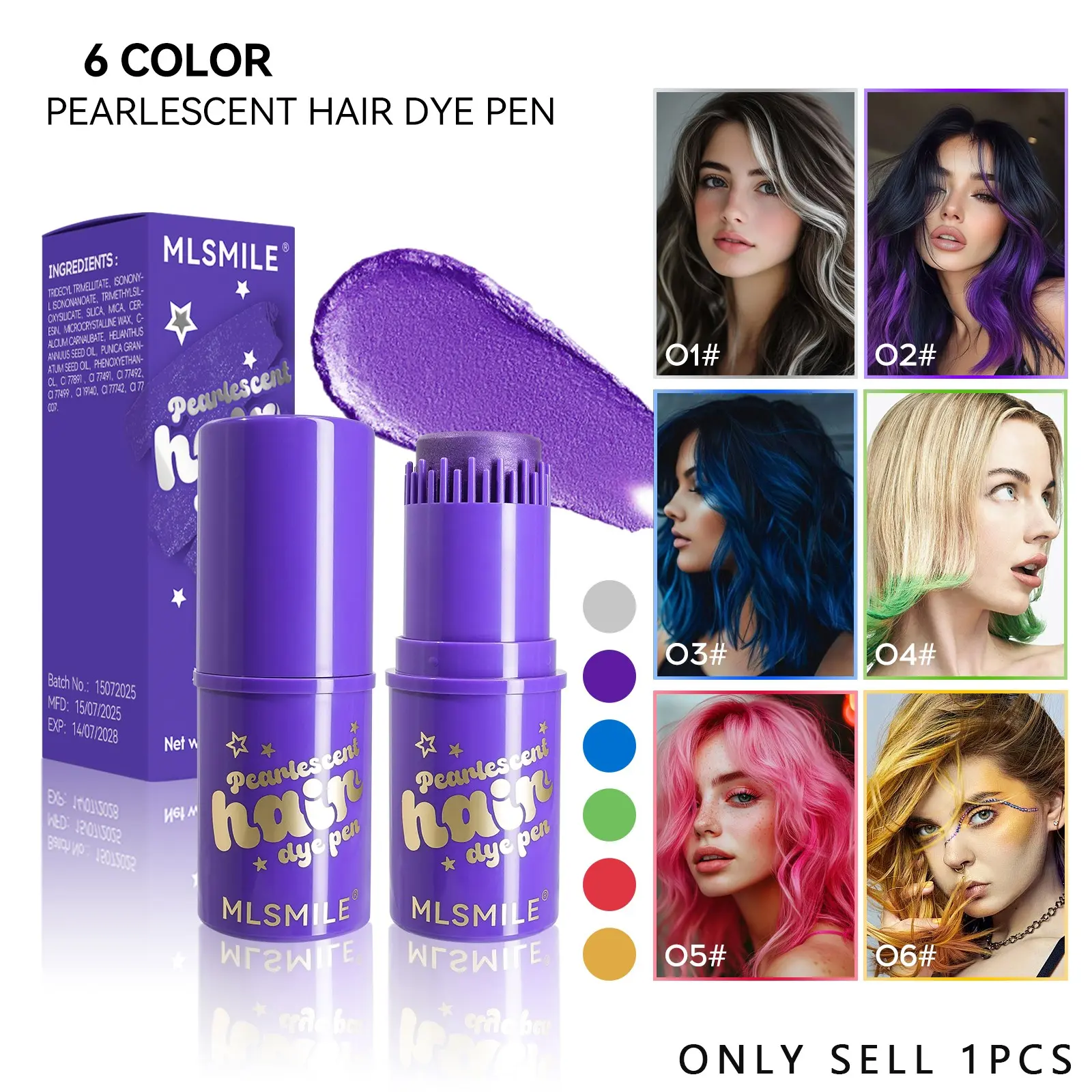 Disposable Washable Hair Color Stick, Hair Dye, One Swipe Vibrant Rainbow Highlight, Gentle Non-Irritating Formula, Portable Mini Size For Travel, Multiple Shimmery Shades For Instant Fun Hairstyle