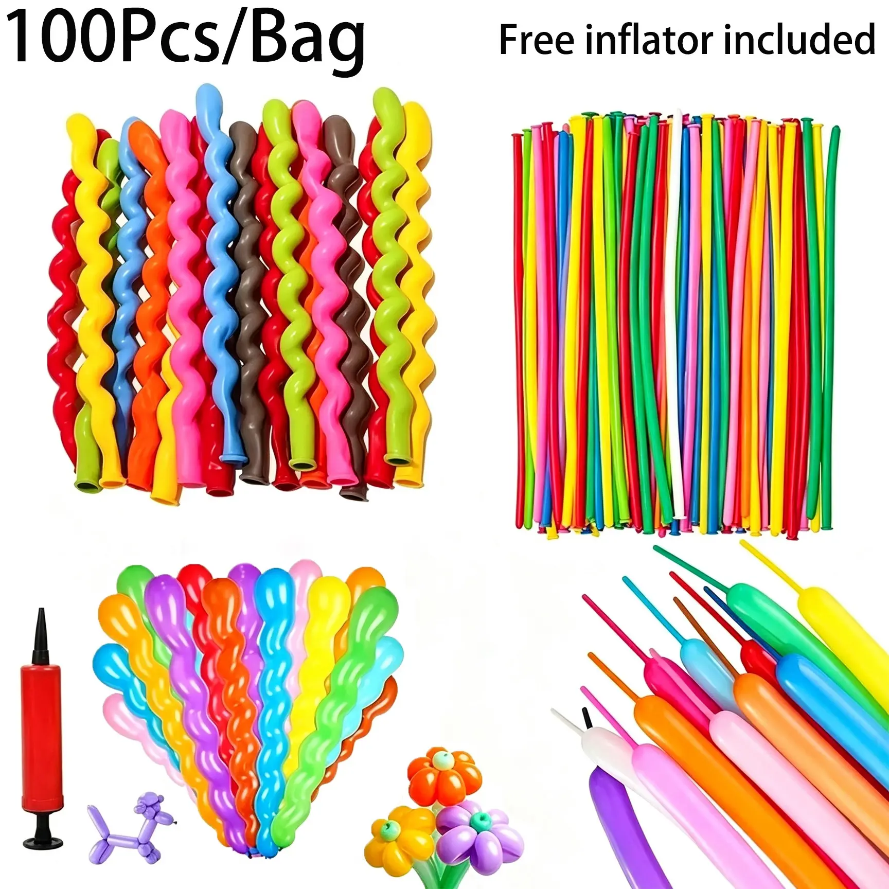 100 Pcs Colorful Spiral Balloons, Long Strip Latex Balloons, Twistable for Birthday, Wedding, Baby Shower, Home Party Decoration, Free Inflator Included