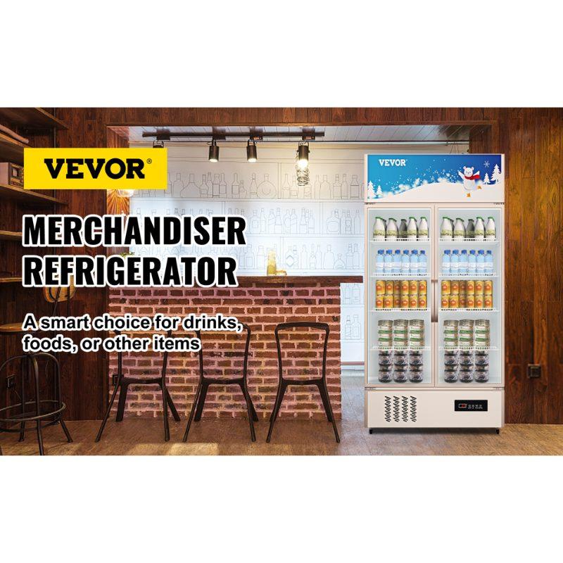VEVOR Commercial Refrigerator, Display Fridge Upright Beverage Cooler, Glass Door with LED Light for Home, Store, Gym or Office, (23 cu. ft. Double Swing Door)