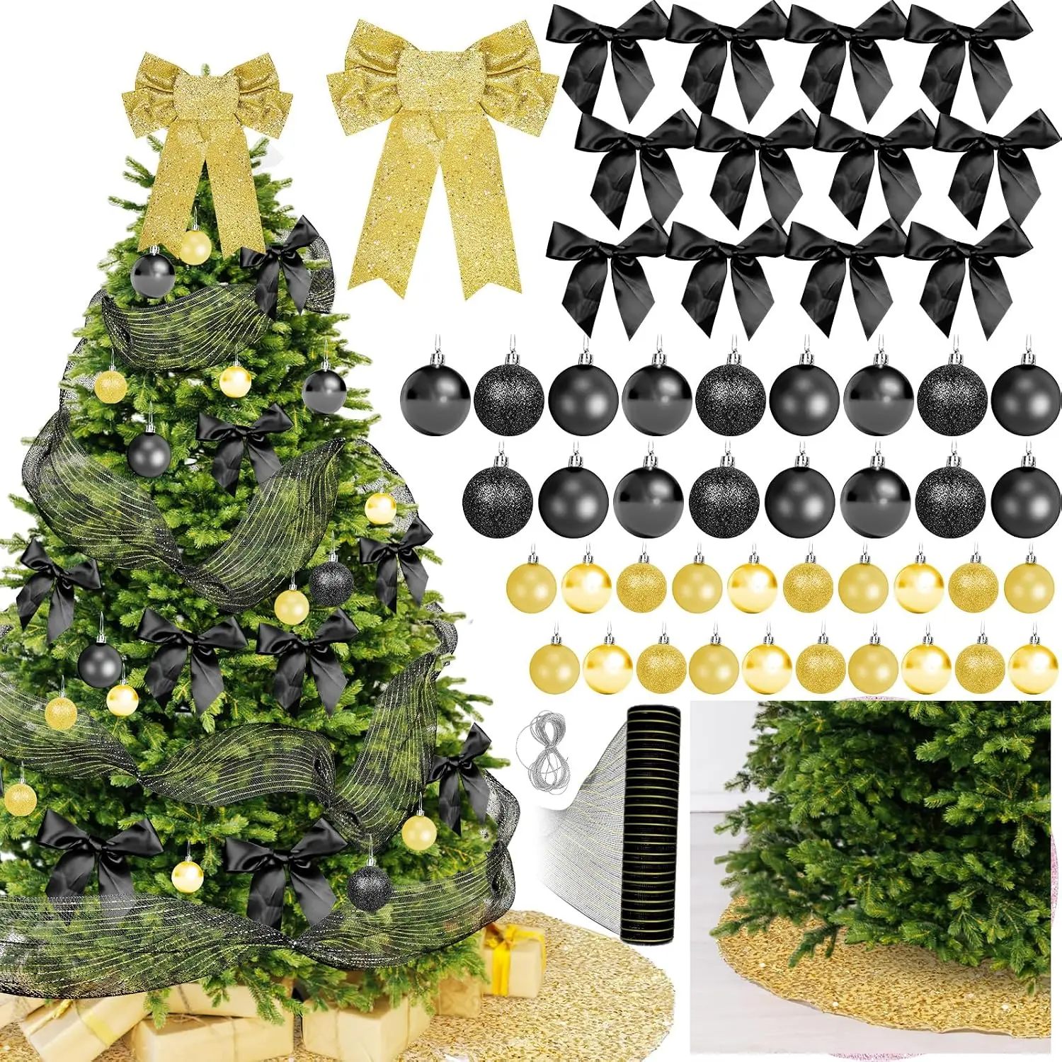 Christmas Tree Decoration Set Including 48 Christmas Ornaments Balls,12 Bows,Tree Topper,Tree Skirt,Mesh Ribbon for Xmas Trees Holiday Party Garland Indoor DIY (&Black)