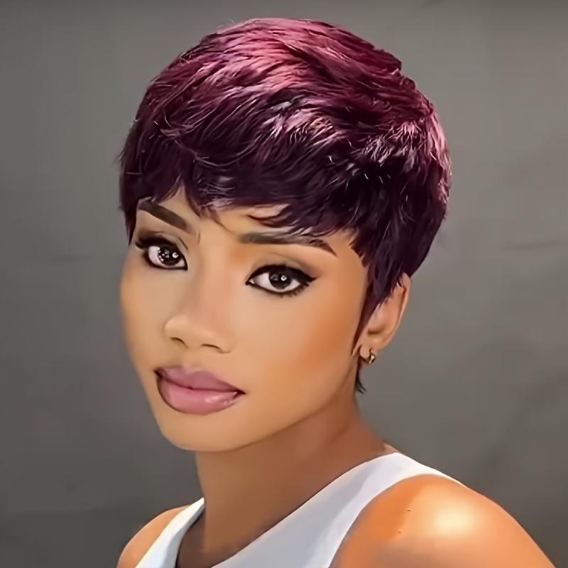 Chic 6-Inch Pixie Cut Wig with Bangs in Vibrant Red 99J Burgundy - 180% Density Brazilian Remy Human Hair, Perfect for Halloween & Cosplay, Layered Wigs, Comic Exhibitions