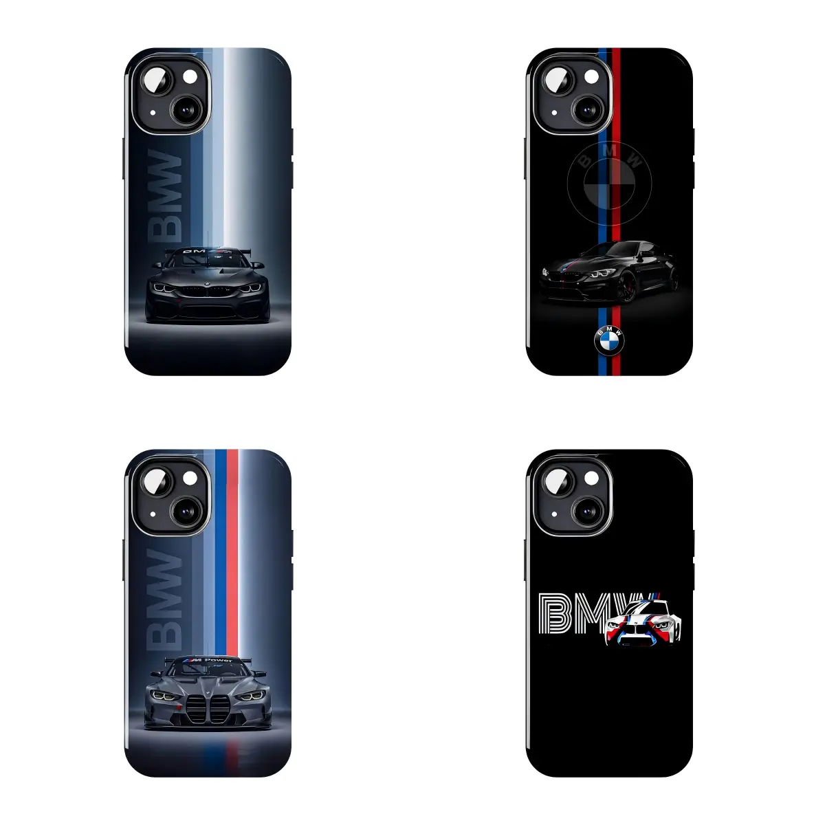 4 Styles M Tri Color Stripe Black BMW M Series Coupe Print Phone Case, Anti-Scratch TPU Cover, Sleek Luxury Motorsport Automotive Guy Phone Shell for All iPhone Models