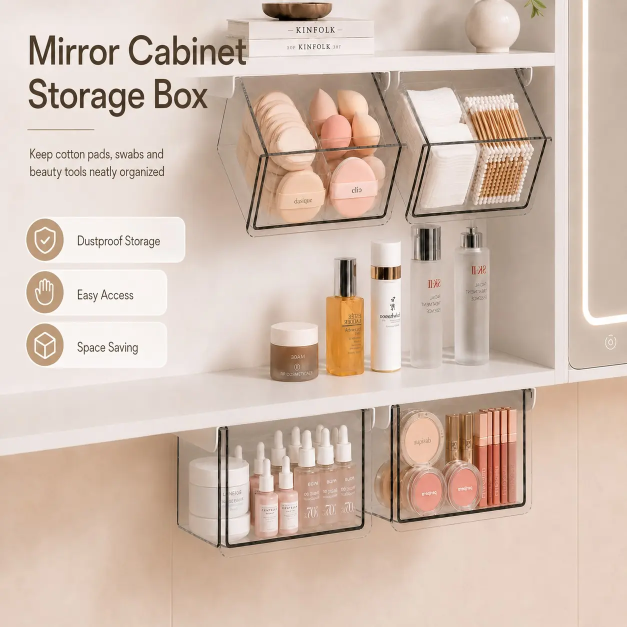 No Drill Bathroom Vanity Organizer, Cosmetic Organizer Box, Pull Out Under Cabinet Storage Drawer for Cosmetics