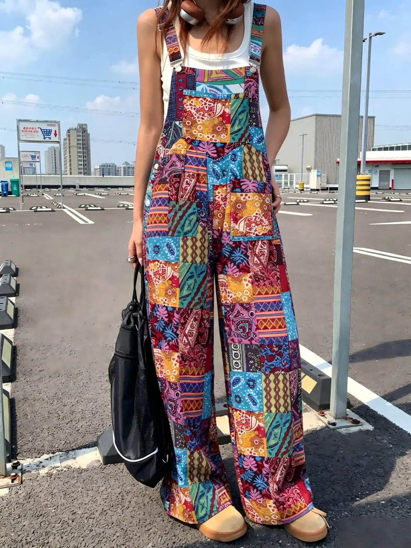 New Boho Ethnic Style Rompers Overalls for Women, Colorful Patchwork Floral Print, Adjustable Metal Buckle Straps, High Waist Loose Fit, Vacation Casual Long Pants