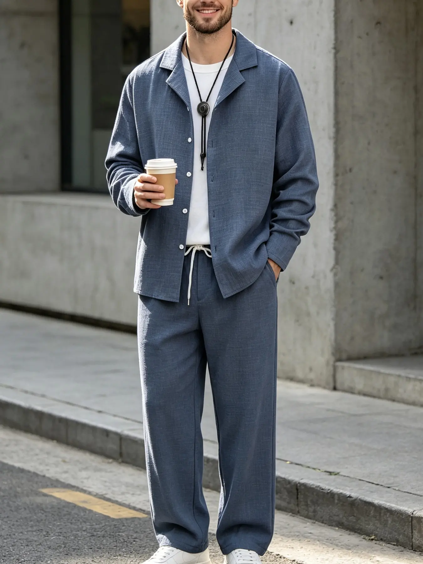 Men's 2-Piece Matching Loungewear Set, Slate Blue Textured Suit Collar Button Down Long Sleeve Shirt & Drawstring Straight Pants, Solid Lightweight Outfit, Breathable Fabric For Men Home Daily Commute Wear