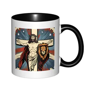 Jesus Lion of Judah Cross Accent Coffee Mug, Vintage Pop Art Christ Crown of Thorns Cross American Star Burst Graphic Black Interior Two Tone Cup, Christian Faith Religious Gift For Men Women Believers # JesusMug # ChristianGift