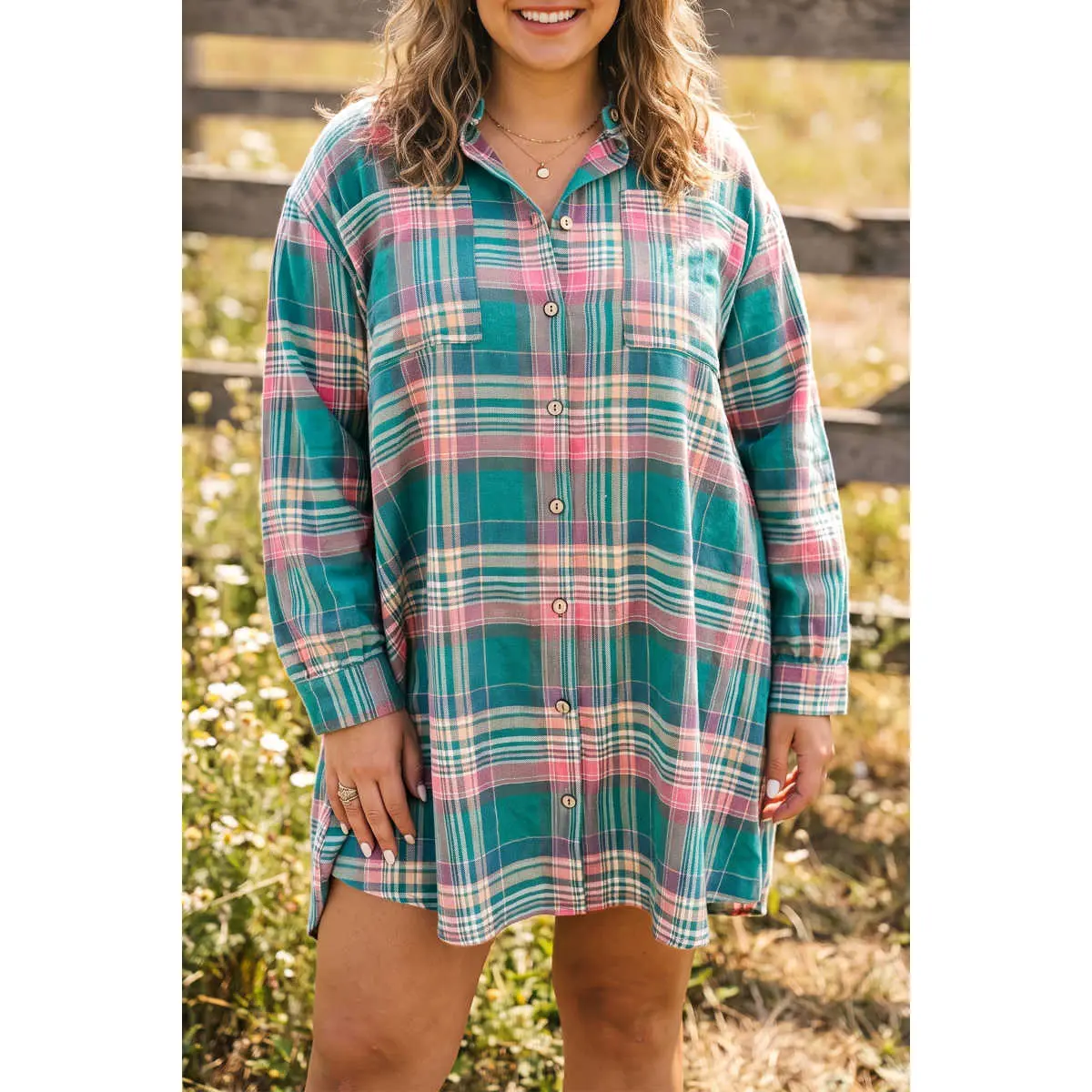 Women's Plus Size Casual Green Plaid Cuffed Long-Sleeve V-Neck Button-Up Shift Dress, Longsleeves