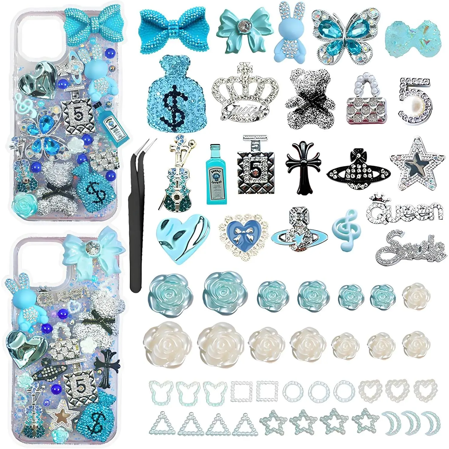 Junk Case Charms Kit, Pink y2k Glitter Phone Case Charm with Storage Box, Kawaii DIY Accessories for Bags, Shoes, Crafts,Cute Bow,Resin Flat Bottomed Drill,Star Letters,Butterfly