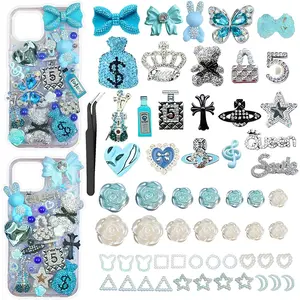 Junk Case Charms Kit, Pink y2k Glitter Phone Case Charm with Storage Box, Kawaii DIY Accessories for Bags, Shoes, Crafts,Cute Bow,Resin Flat Bottomed Drill,Star Letters,Butterfly