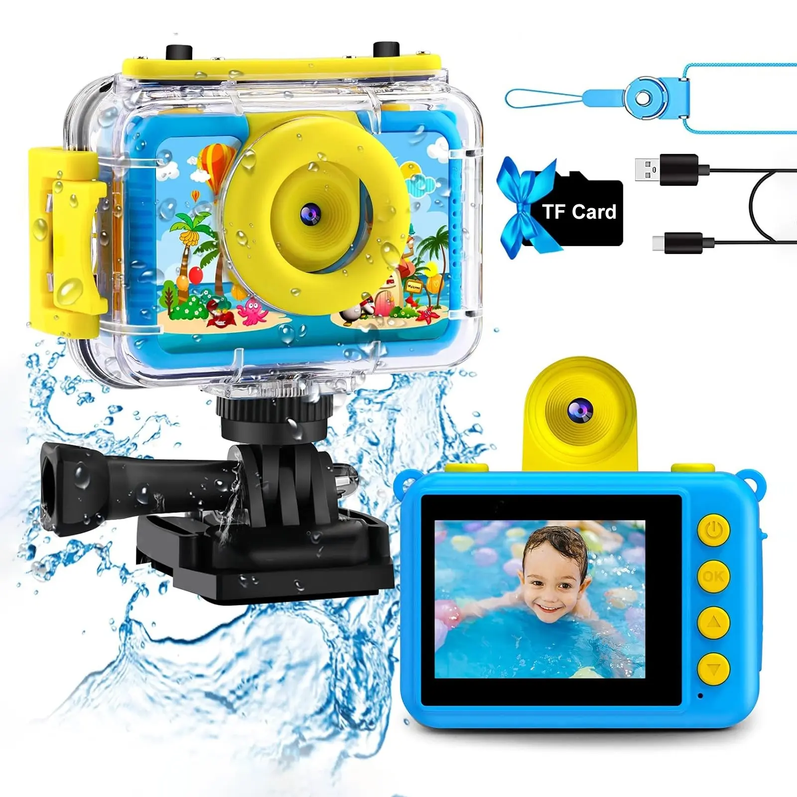 Kids Underwater Camera, 99ft Waterproof, 1080P Video, 20mp Photos, Flip Lens, Storage Card Included, Ideal for Diving, Swimming, Snorkeling, Boy's Birthday Gift