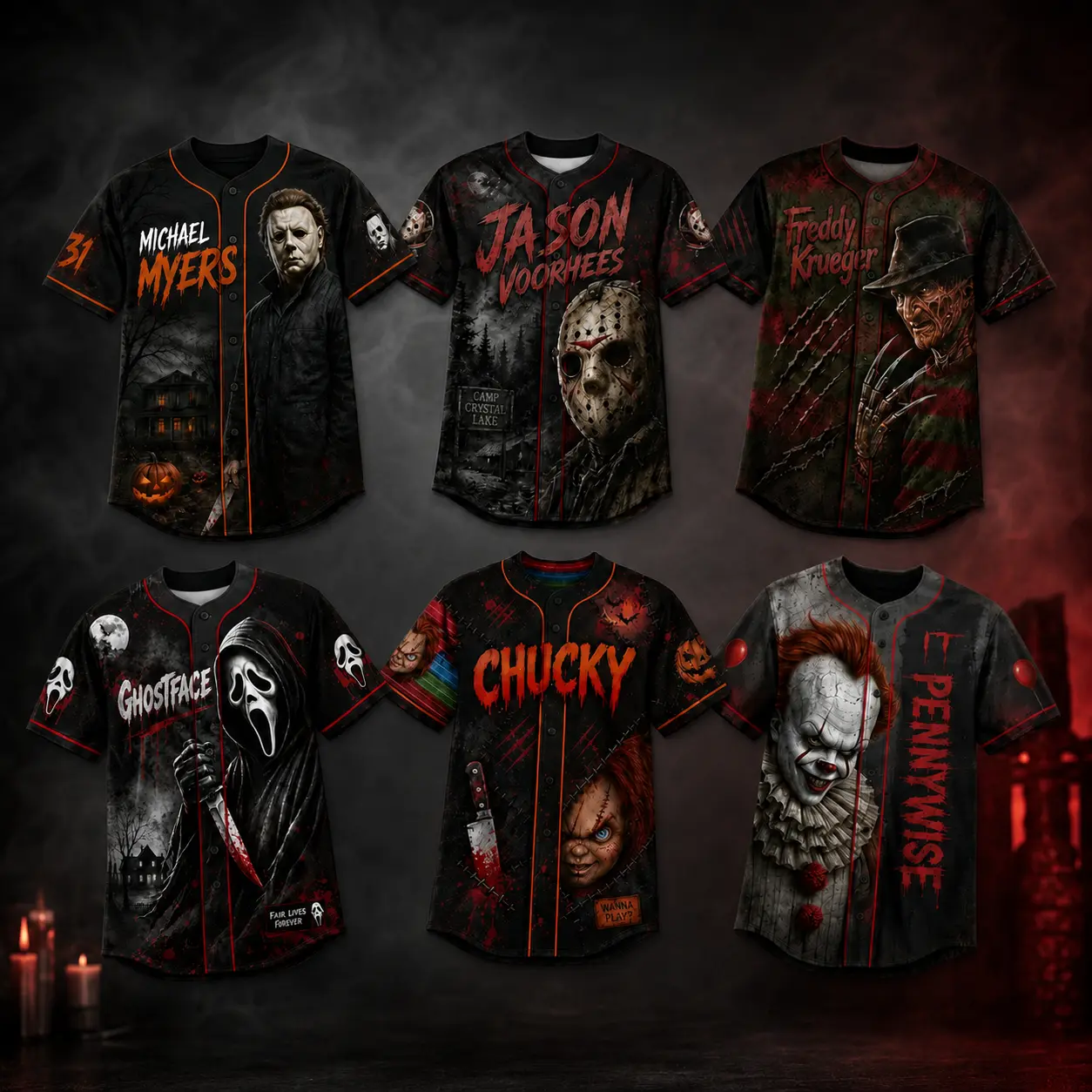 Halloween Horror Graphic Baseball Jersey for Men, Short Sleeve Button Down Shirt, Scary Movie Style Costume Top, Black Red Halloween Party Outfit
