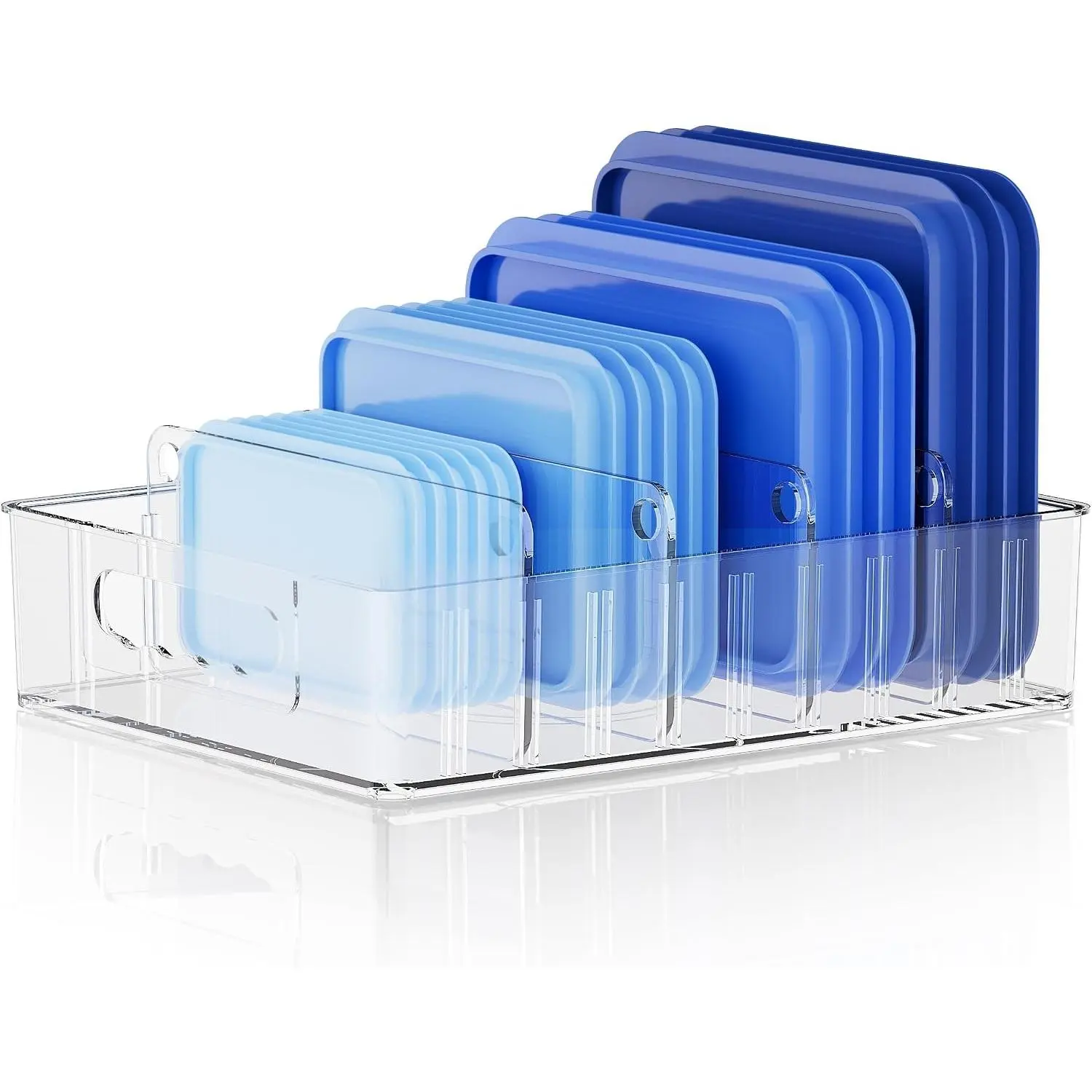 Lid Organizers Inside Cabinet, Clear Plastic Storage Lid Organizer With 4 Adjustable Dividers, Food Container Lid Organizer For Kitchen Pantry