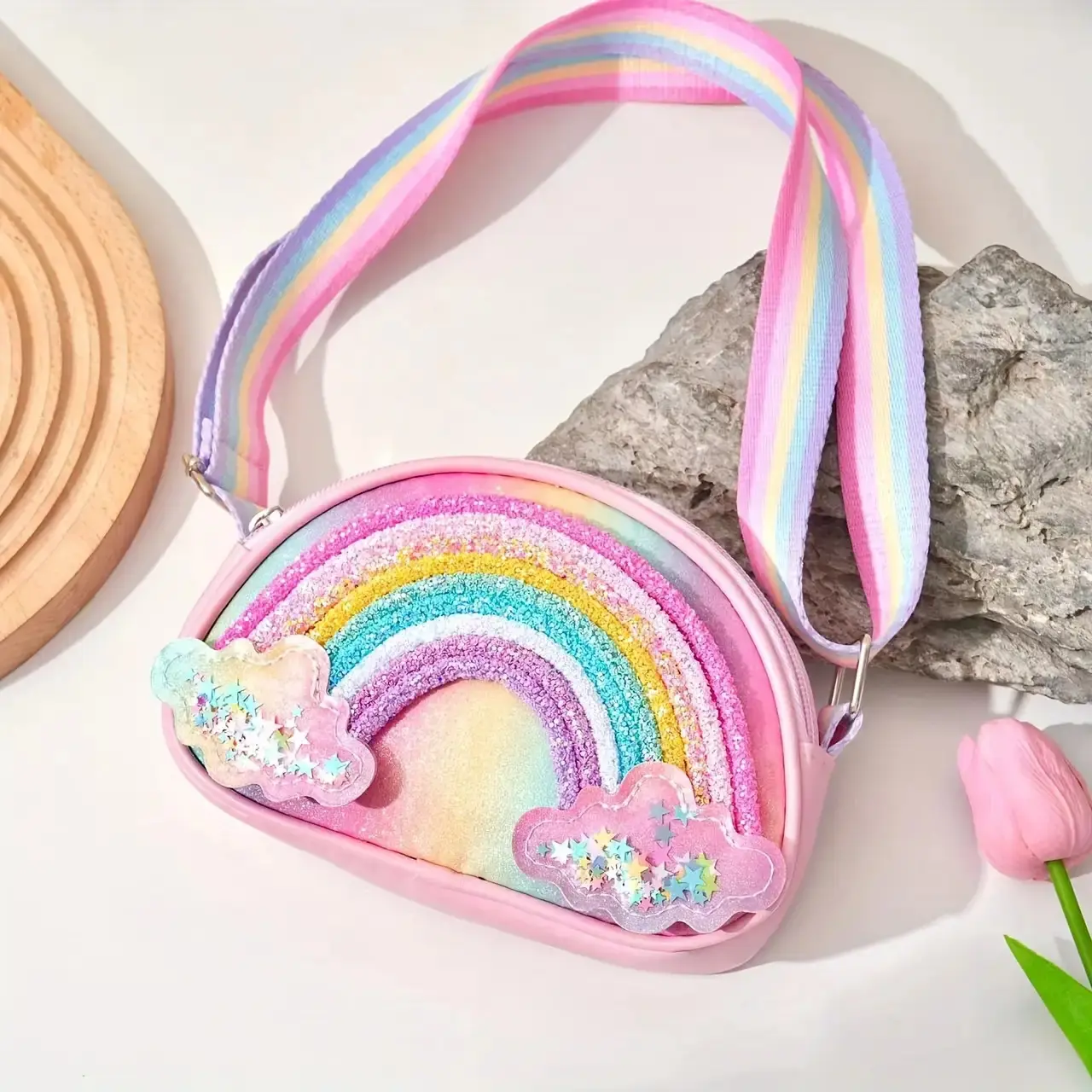 1-Pack Sparkling Heart Charm Crossbody Bag for & - Pastel Purple Rainbow Glitter Purse with Adjustable Strap, Sparkling Heart Clasp & Rainbow Bow-like Strap - Lightweight, Party, Everyday Bag (Pink/Purple/Peach) - Cute