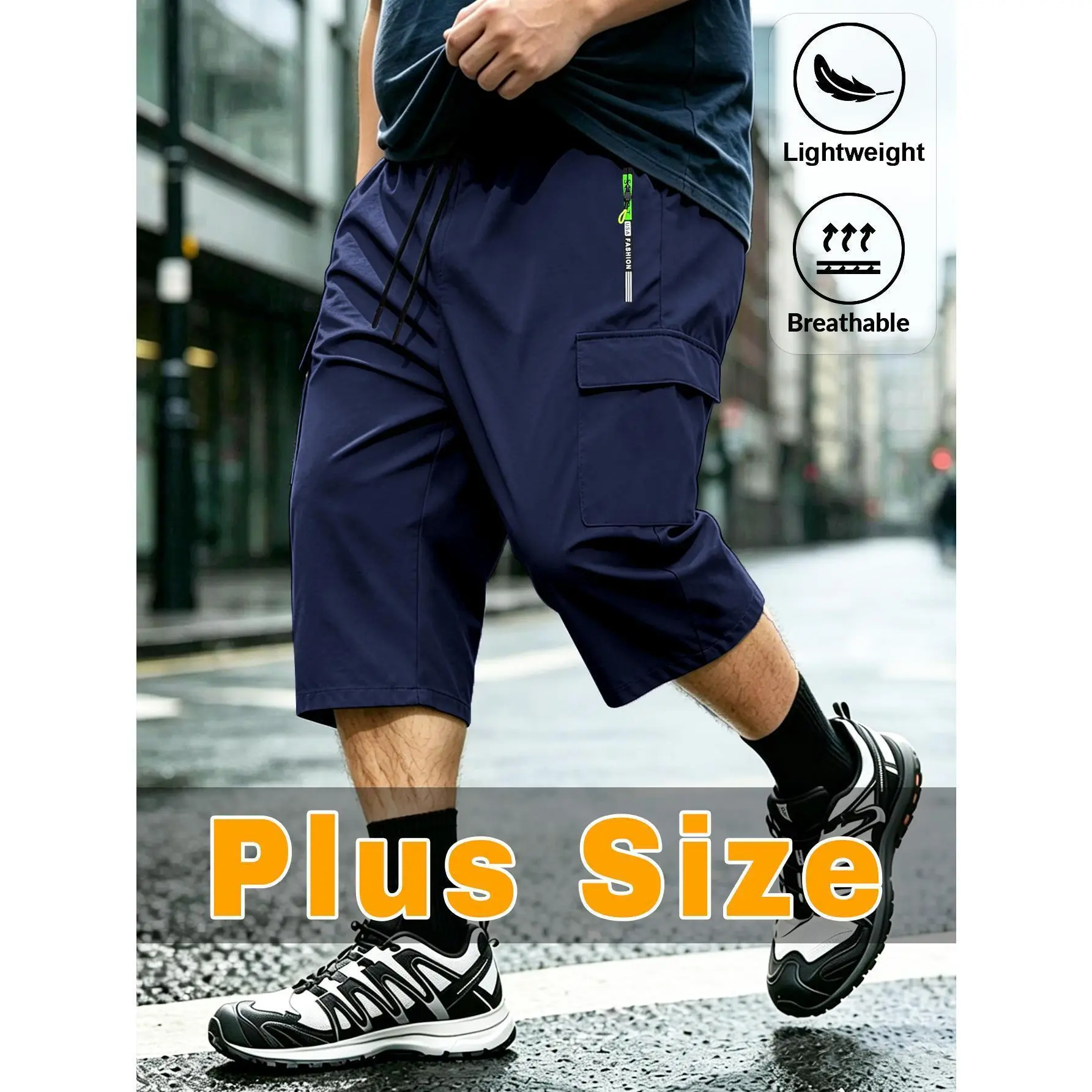 Large Men's Sports Workwear Shorts with Zipper Side Pockets, Ultra Lightweight Breathable Shorts, Suitable for Casual Wear in Outdoor Sports Occasions, Men's Workwear Shorts
