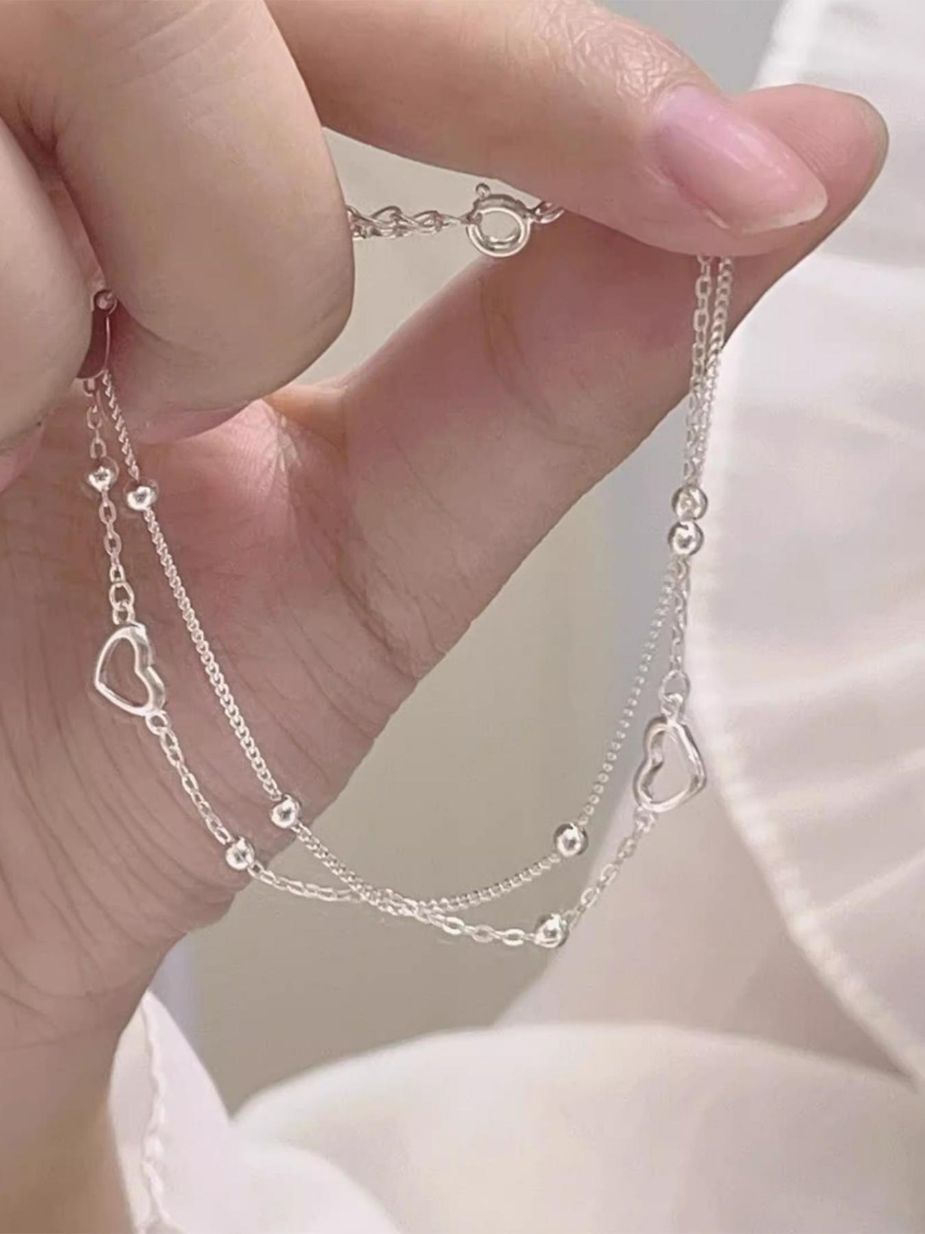 S925 Sterling Silver Heart Design Double Layered Bracelet for Women, Exquisite Trendy Link Bracelet, Chic Gorgeous Jewelry As Gift for Girlfriend, Heart Shaped Bracelet