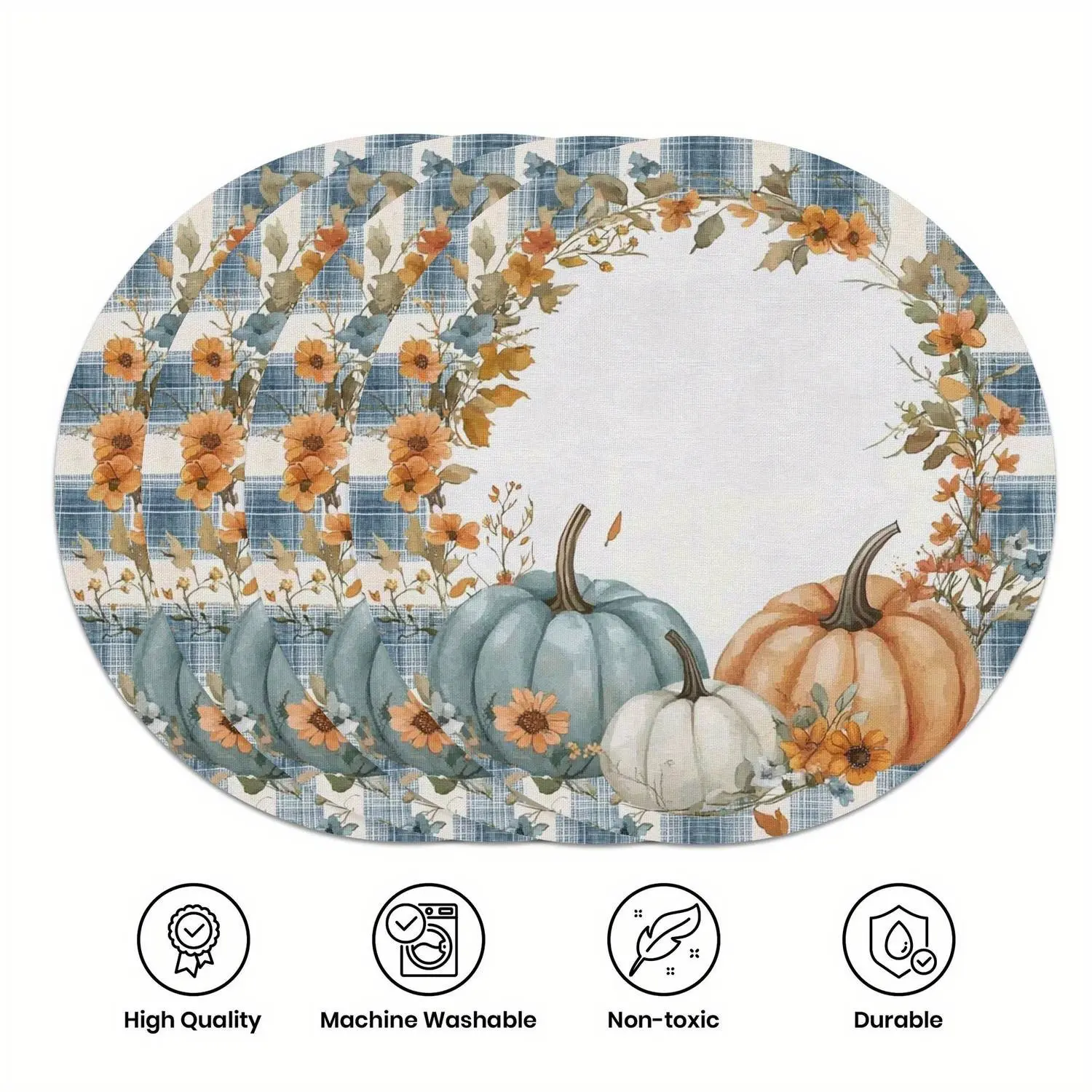 Pumpkin Wreath Placemats Set,4pcs Thanksgiving Table Mats Round Pumpkin Theme Place Mats Festivals Dining Room Decoration