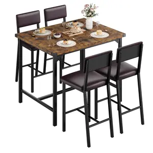 5 Piece Vintage Grey Counter Height Dining Set, 1 Table + 4 Upholstered Bar Stools with Backrest & Footrest, Corner Protectors Design Compact Dining Furniture for Small Spaces Apartment Kitchen