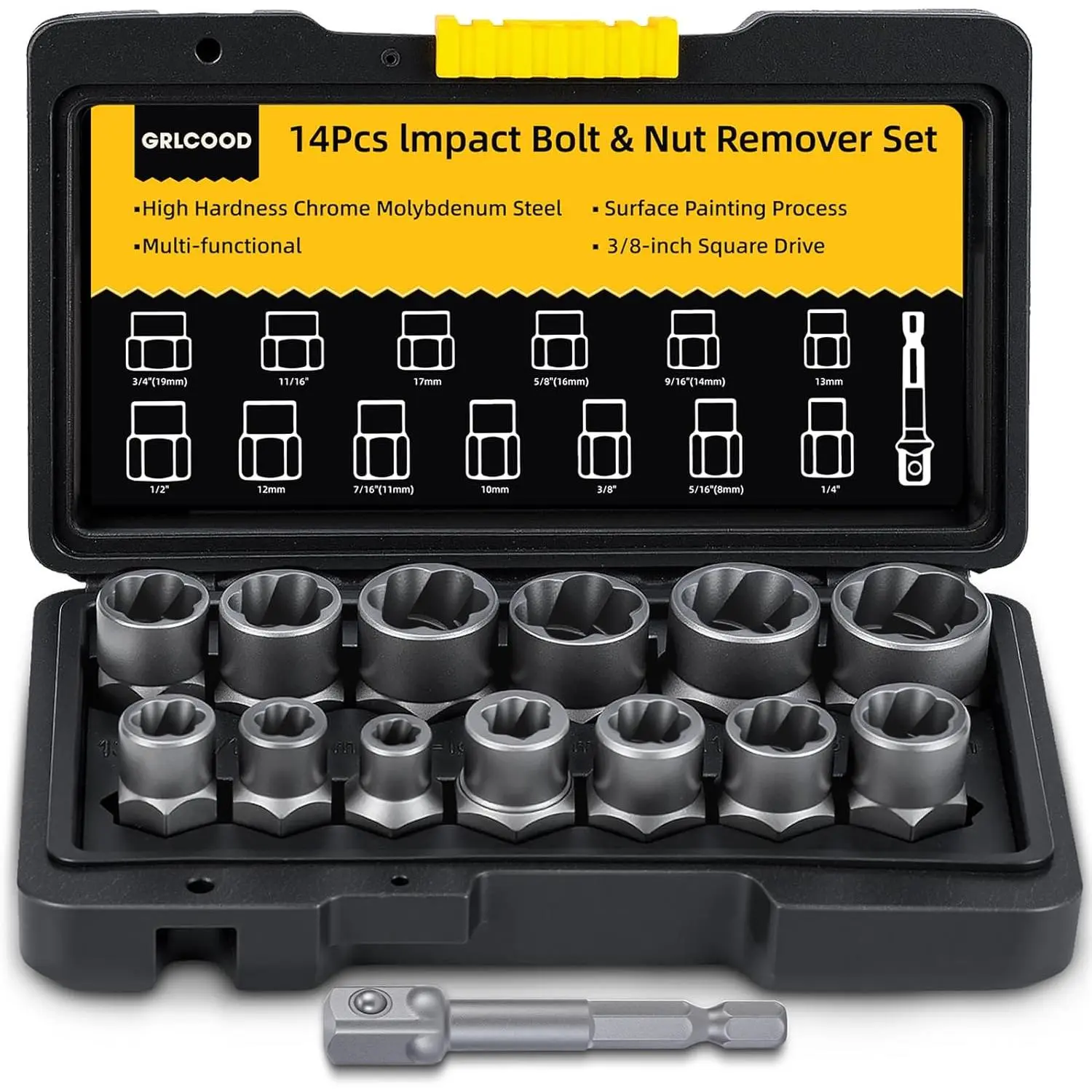Bolt Extractor Kit, 14 PCS Bolt & Nut Remover Set with 3/8 Inch Adapter, Stripped Bolt Extractor Set with Tool Box, Easy Out for Rusted, Damaged, Round Bolt Nuts Screws