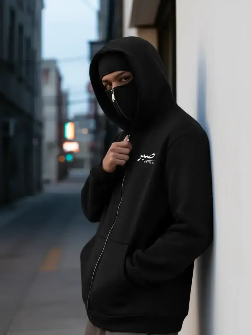 Men's black Arabic "صبر (Patience)" balaclava zip-up hoodie, with a full-face mask, loose, Fitted, avant-garde Casual street-style Geometric top, a daily wear item for lovers of culture and dark aesthetics, a choice for style expression
