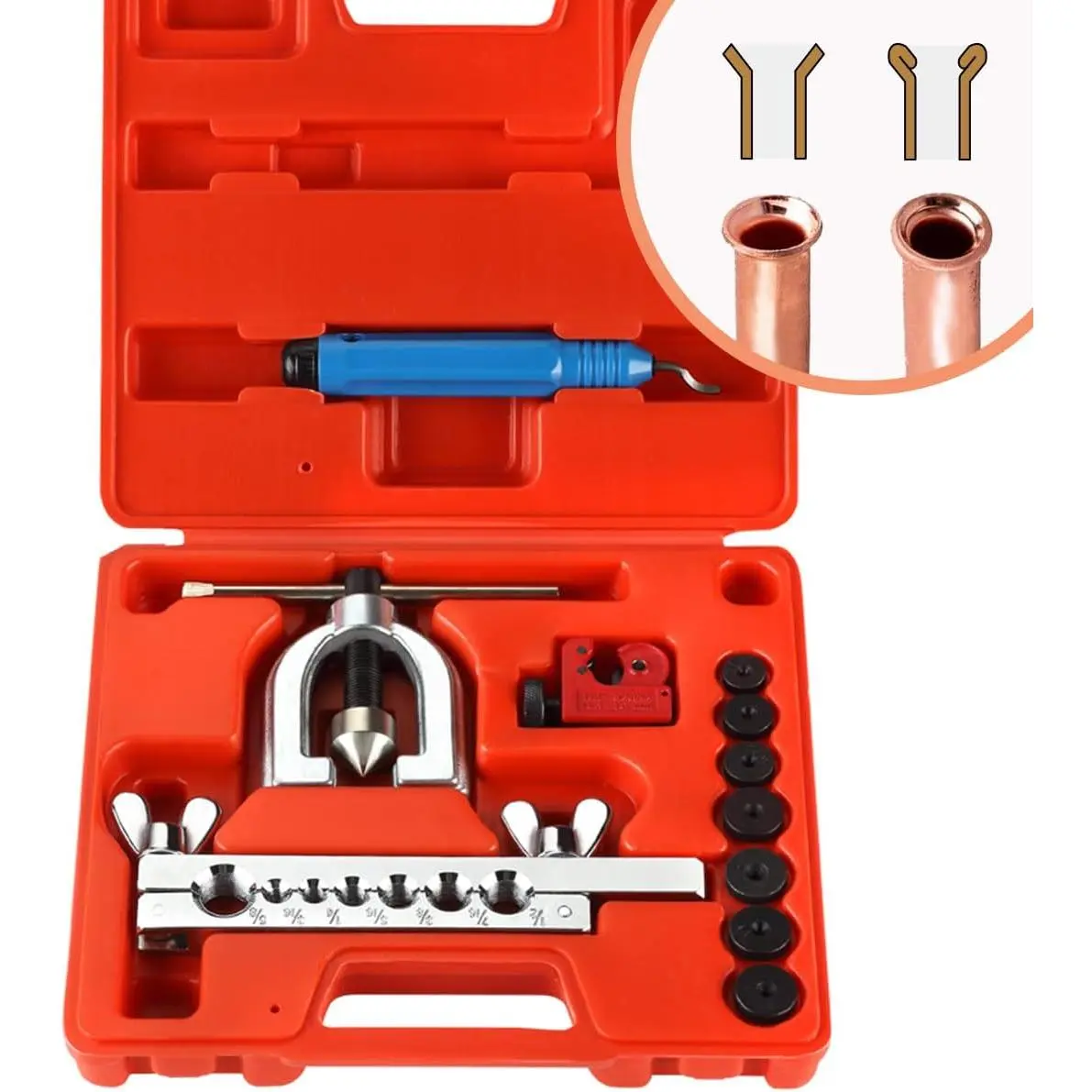Double Flaring Tool Kit for 45° Single Double Flares with 7 Adapters,  Flare Tool with Tube  Deburring Tool for Copper  Line, Hydraulic System, Copper Tubing Flare Kit