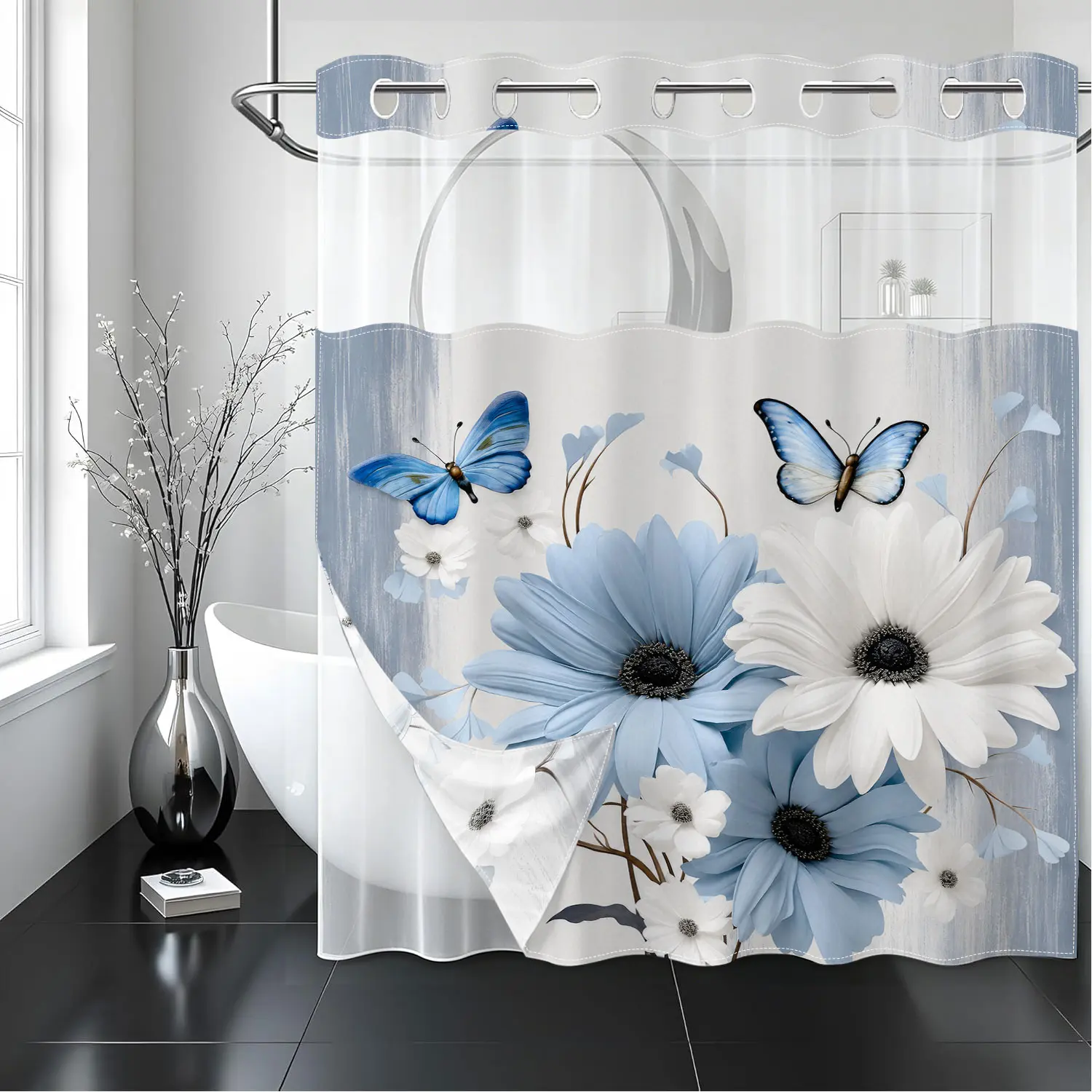 Blue Daisy Butterfly Print Hookless Shower Curtain | Waterproof Fabric, No Hooks Needed Design | Modern Bath Decor